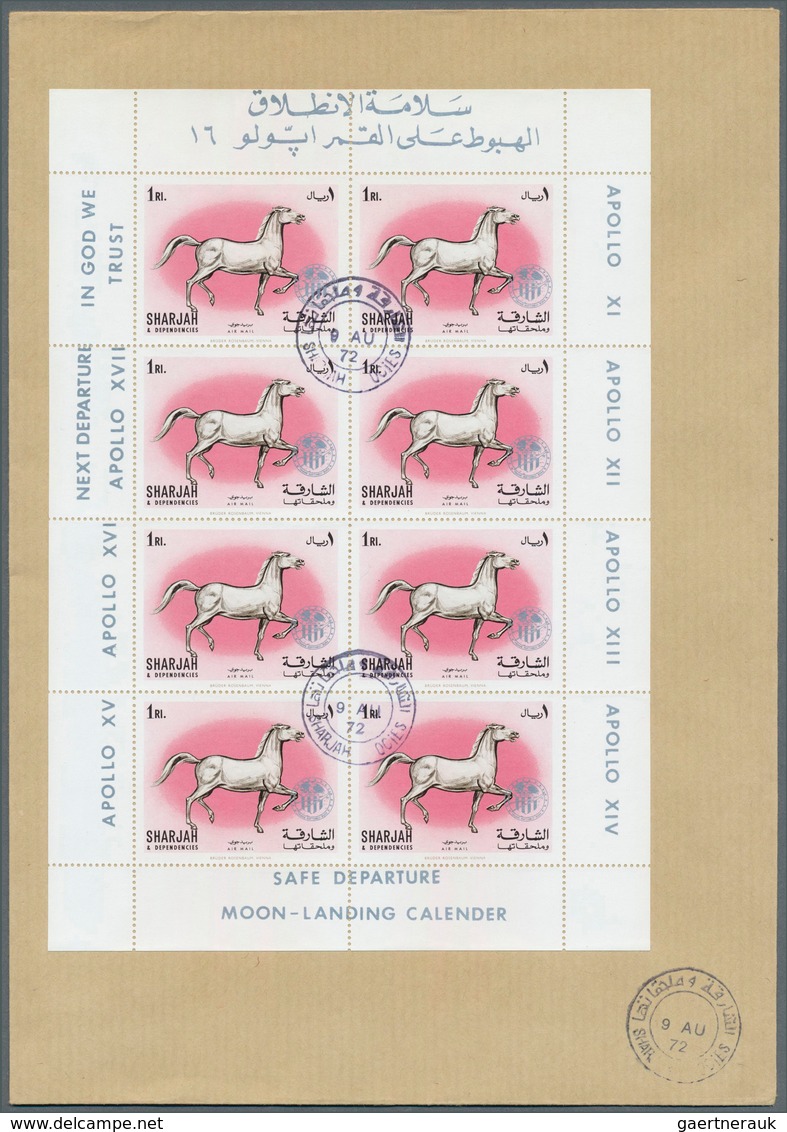 09817 Schardscha / Sharjah: 1972, Domestic Animals 5dh. to 2r., seven perf. values with silver "APOLLO" ov