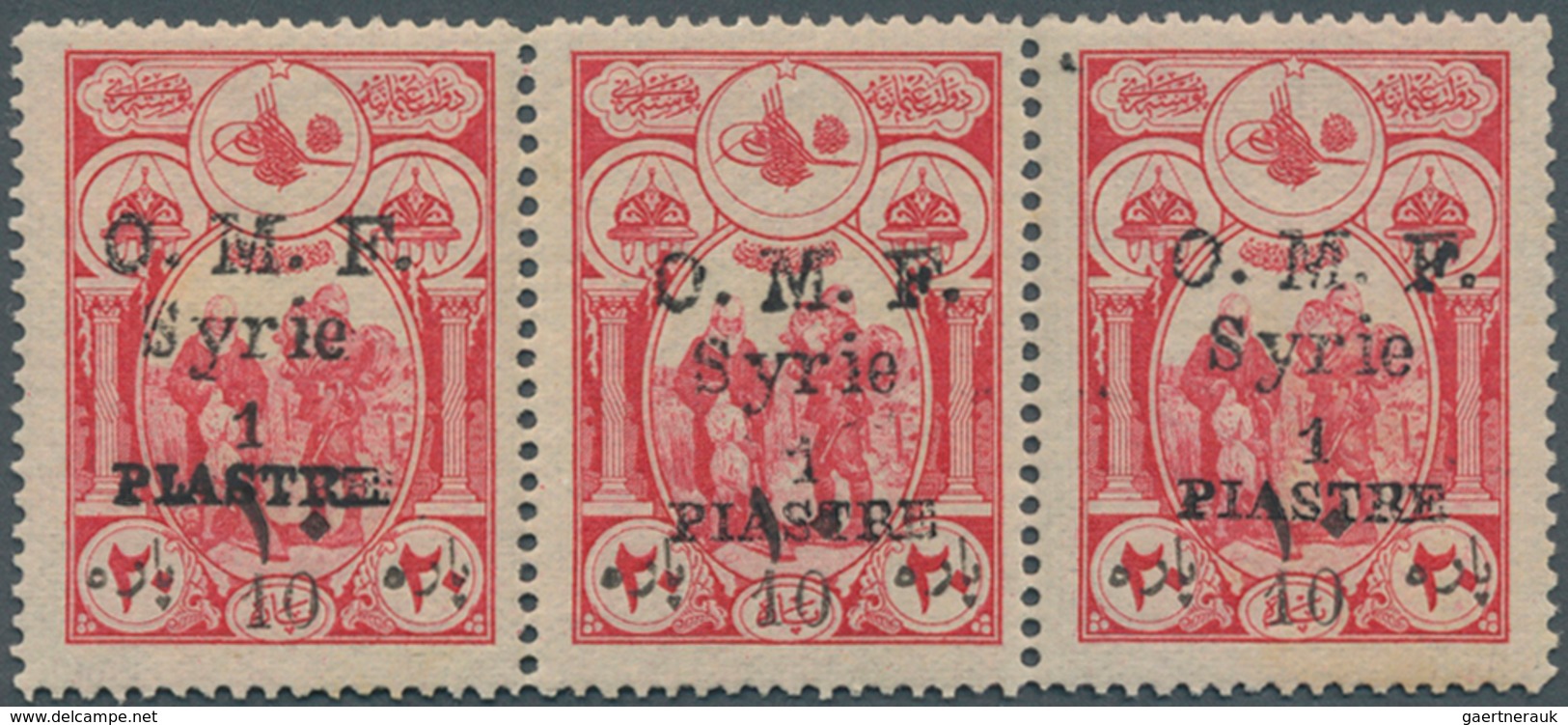 09839 Syrien: 1921, Aïn-Tab Issue, Black Overprint, 1pi. On 10pa. On 20pa. Carmine, Horiz. Strip Of Three - Syrien