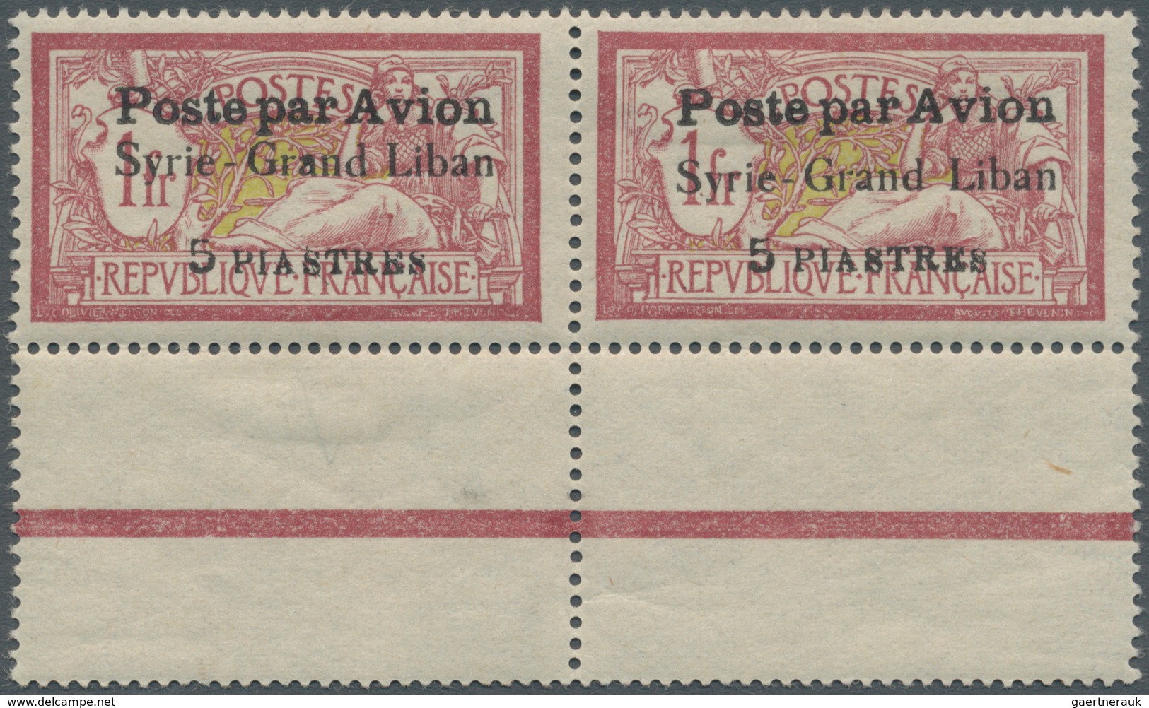 09845 Syrien: 1923, Airmails "Syrie-Grand Liban", Wide Spacing 3¾mm, 5pi. On 1fr. Red/green, Horiz. Pair, - Syrien