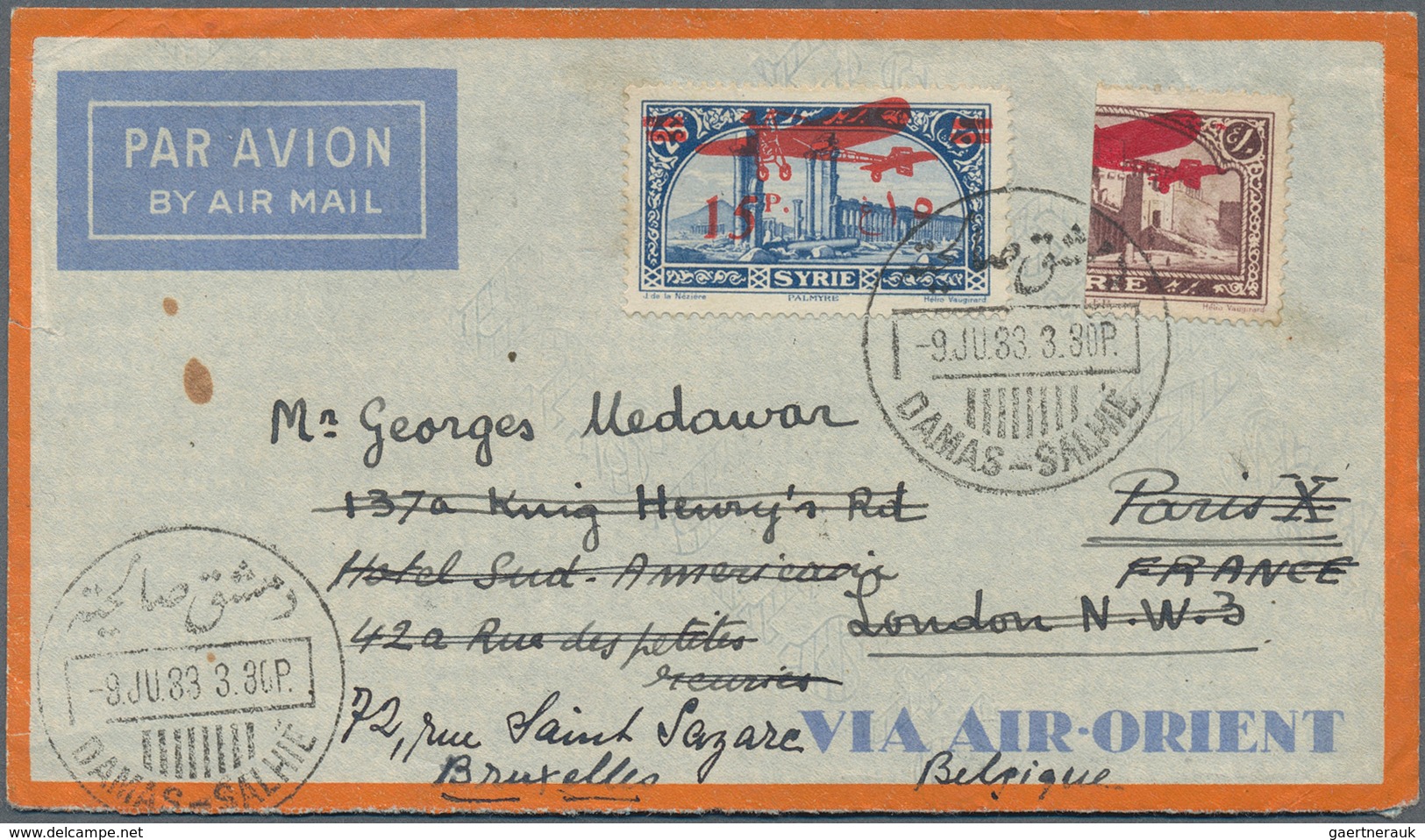 09862 Syrien: 1933, Airmail Letter Bearing "Plane"-overprinted 10 Pia Comercial BISECTED And "15 P." On 25 - Syrie