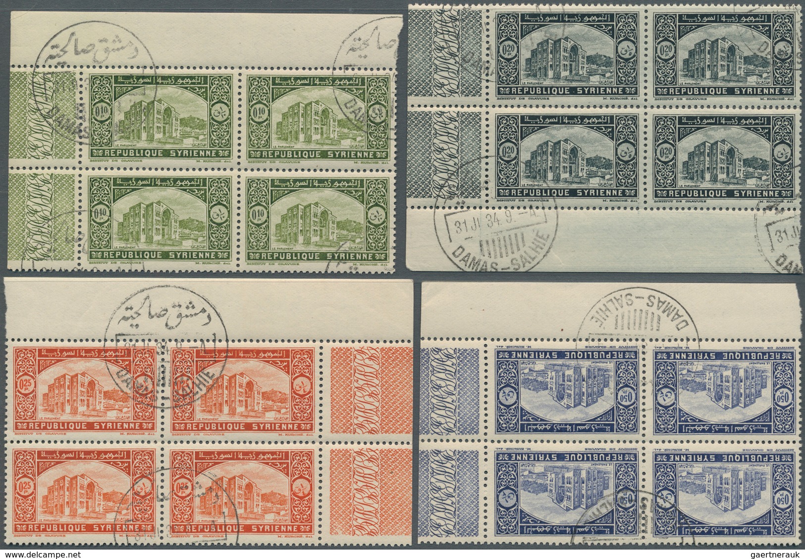 09869 Syrien: 1934, 10th Anniversary of Republic, 0.10pi. to 100pi., complete set of 29 values as marginal