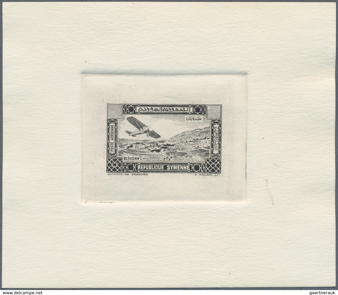 09876 Syrien: 1934, 10 Years Republic Air Mail Issue Three Sunk Die Proofs Without Value On Thick Paper, C - Syrie