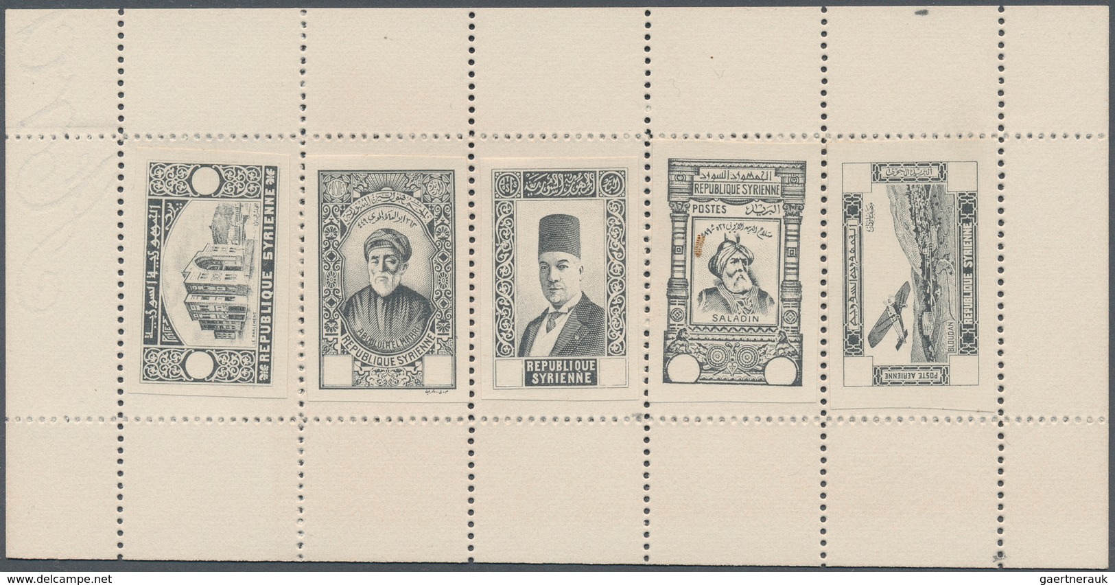 09878 Syrien: 1934, 10 Years Republic Five Different Values, Black Imperf Die Proofs Without Value Mounted - Syrien