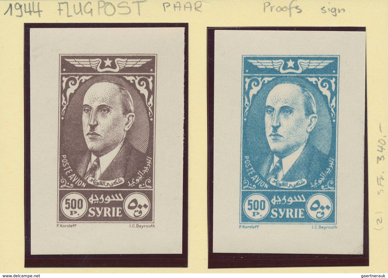 09892 Syrien: 1944, President Schukri El-Kuwatli 500p. Brown And 500p. Blue Imperforate PROOFs On Card, Si - Syrie