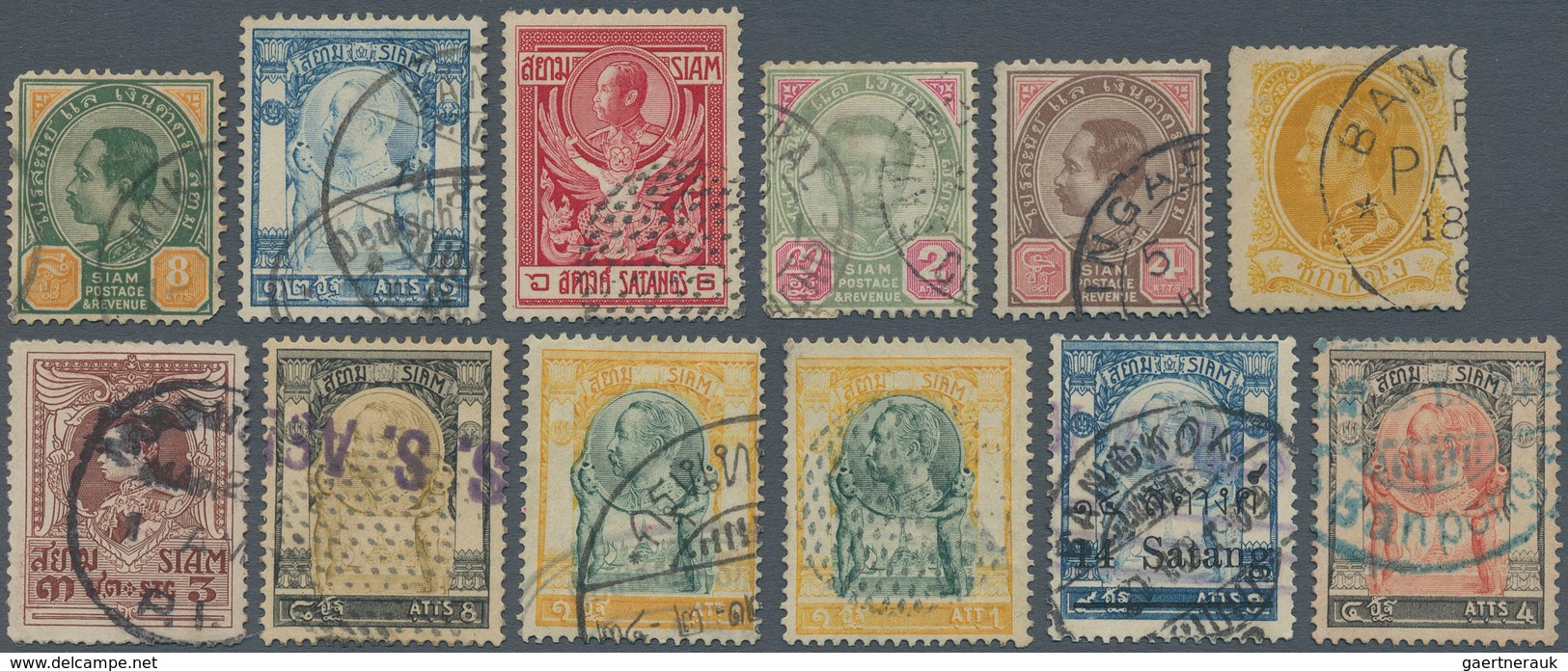 09929 Thailand: 1883-1910, 12 Classic Stamps With Unusual Cancellations Including Banpong, Singapore, Fine - Thailand