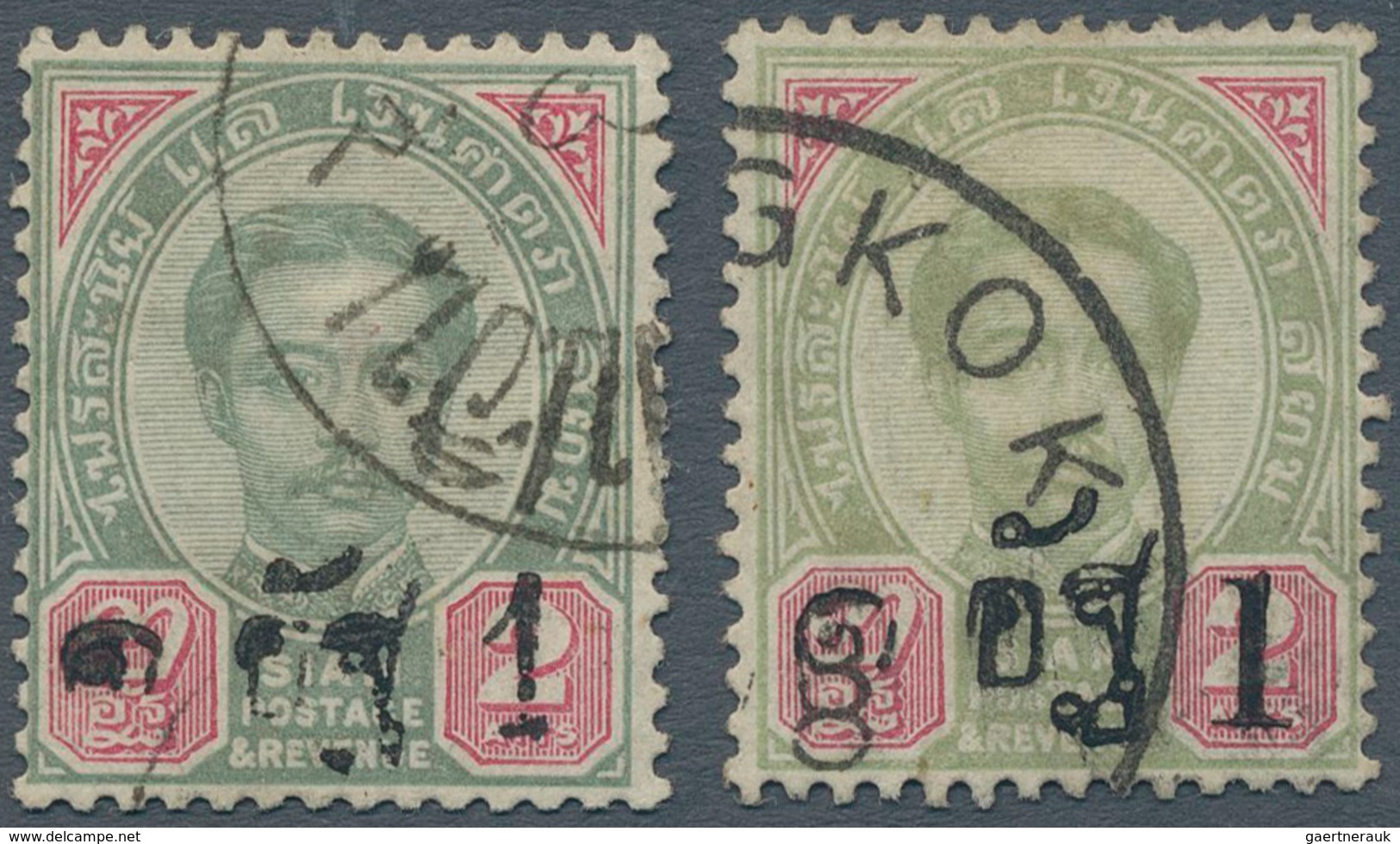 09933 Thailand: 1889, 1 Att. On 2 Att. Green Carmine Type II & III, Both Clear Cancelled, Fine And Fresh P - Thailand