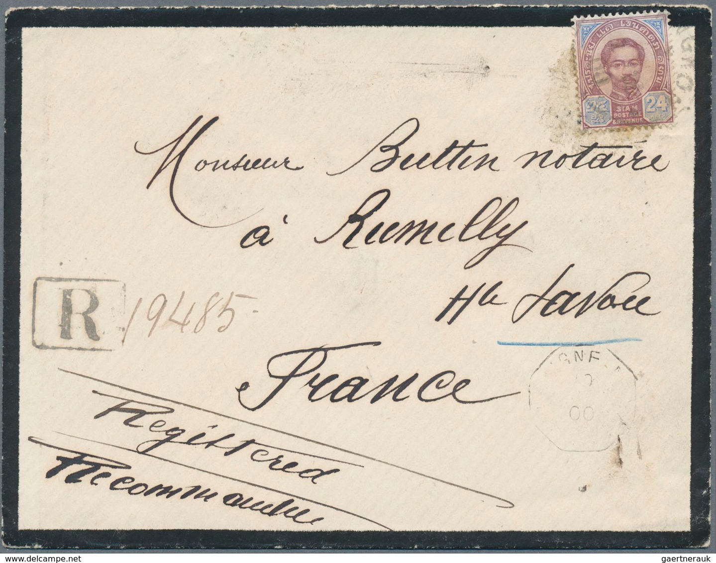 09938 Thailand: 1900 Registered Mourning Cover From Bangkok To Rumilly, France Franked By 1887 24c. Lilac - Thailand