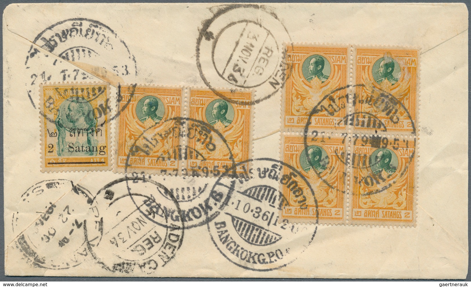 09944 Thailand: 1910, Registered Cover 32 St. Rate Including 2 St. Orange & Green Block Of Four On Reverse - Thailand