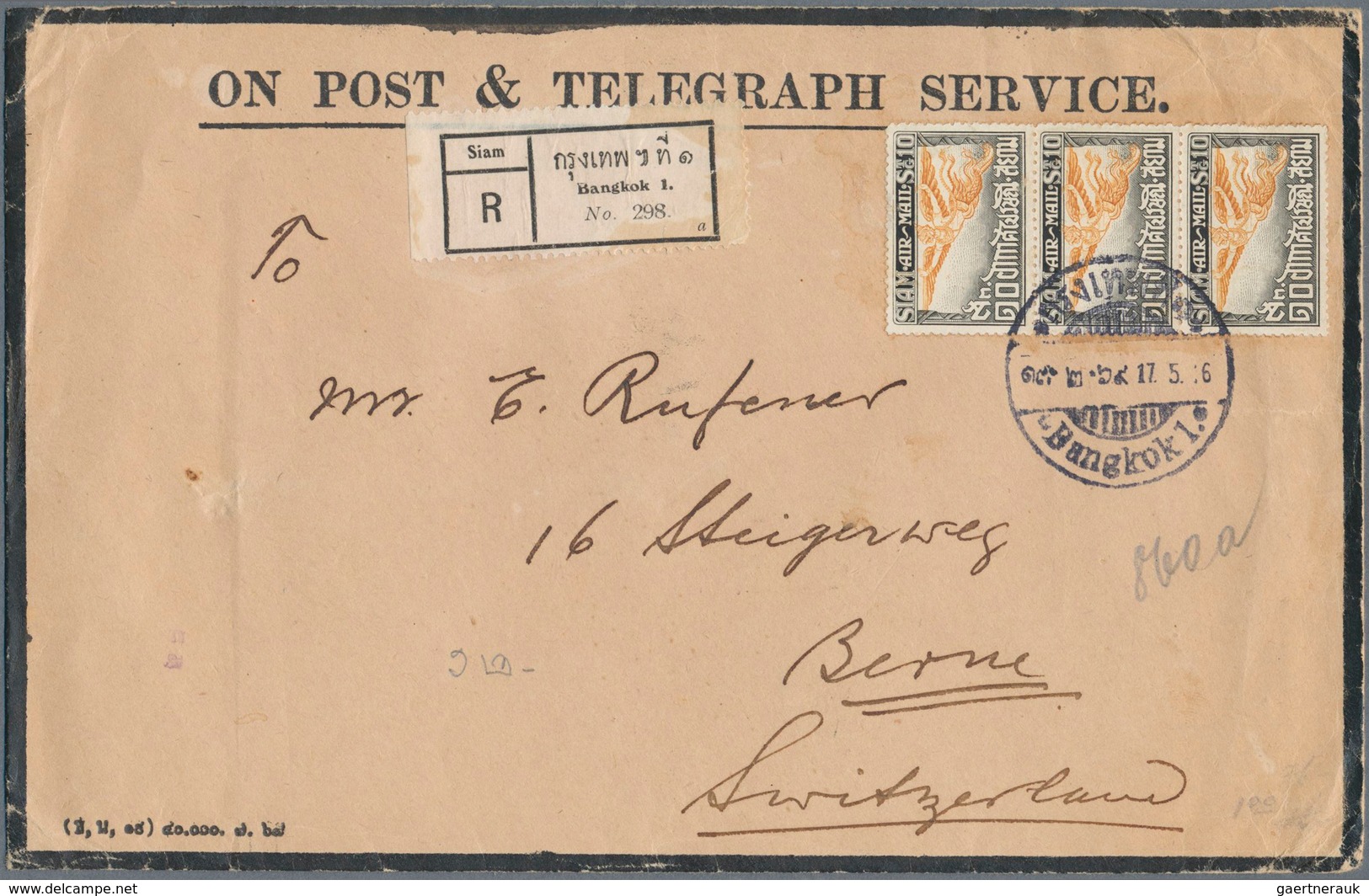 09956 Thailand: 1925-27 Two 'On Post & Telegraph Service' Official Mourning Envelopes From Bangkok To Bern - Thailand