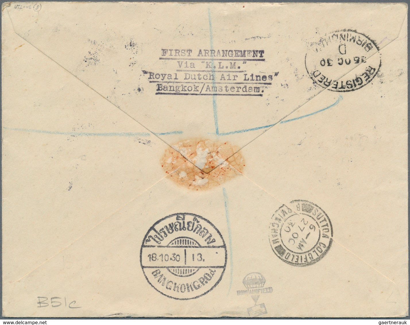 09960A Thailand: 1930 18 October: First Flight Cover With "FIRST ARRANGEMENT VIA K.L.M ROYAL DUTCH AERIAL L - Thaïlande