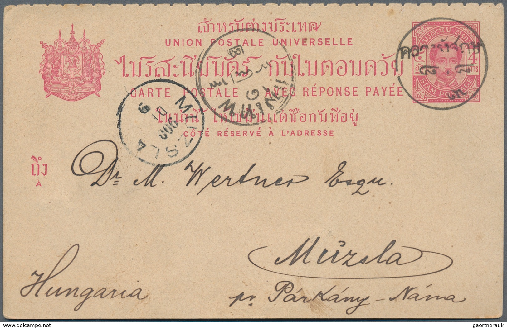 09973 Thailand - Ganzsachen: 1900, UPU Reply Card Questian Part Tied All-thai Dater To Muzla/Bohemia, Aust - Thailand