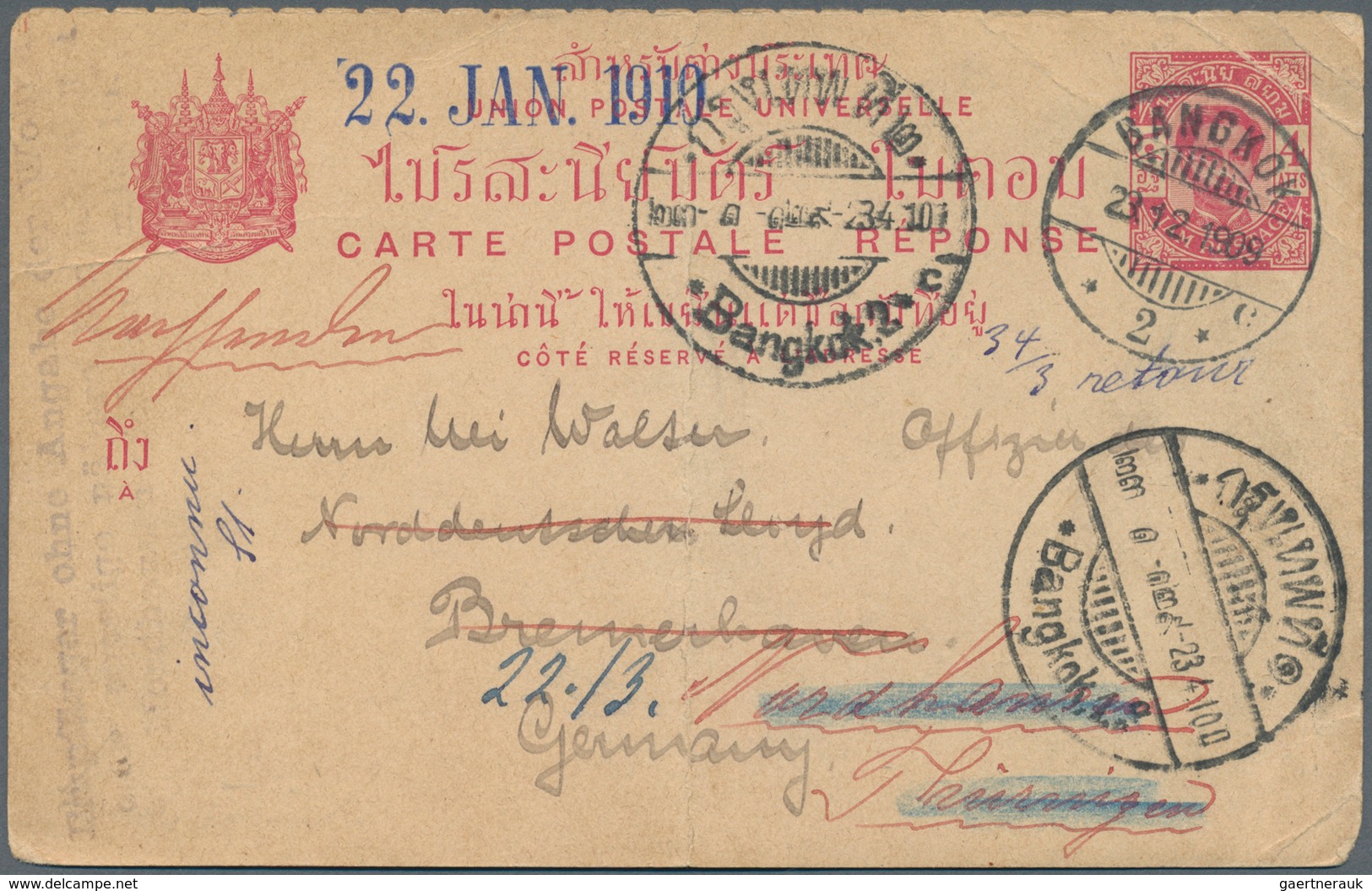 09976 Thailand - Ganzsachen: 1909, 4 K. Canc. "BANGKOK 23.12.1909" To German Ship Officer Of NGL To Bremer - Thailand