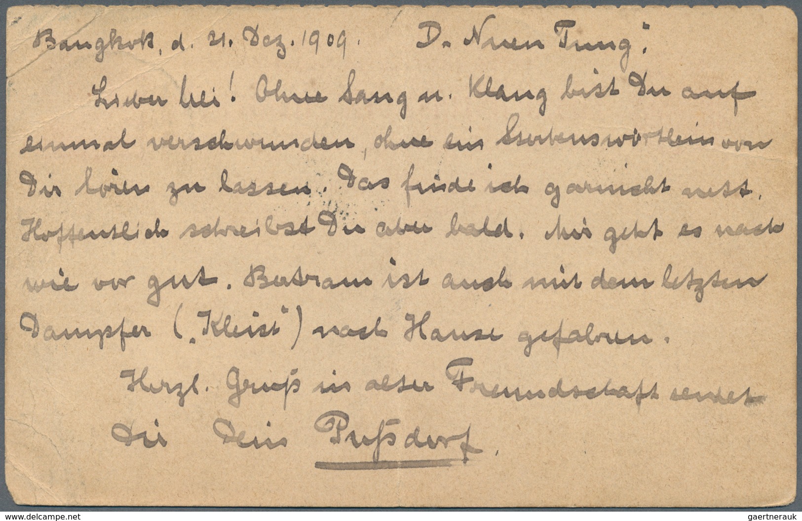 09976 Thailand - Ganzsachen: 1909, 4 K. Canc. "BANGKOK 23.12.1909" To German Ship Officer Of NGL To Bremer - Thailand