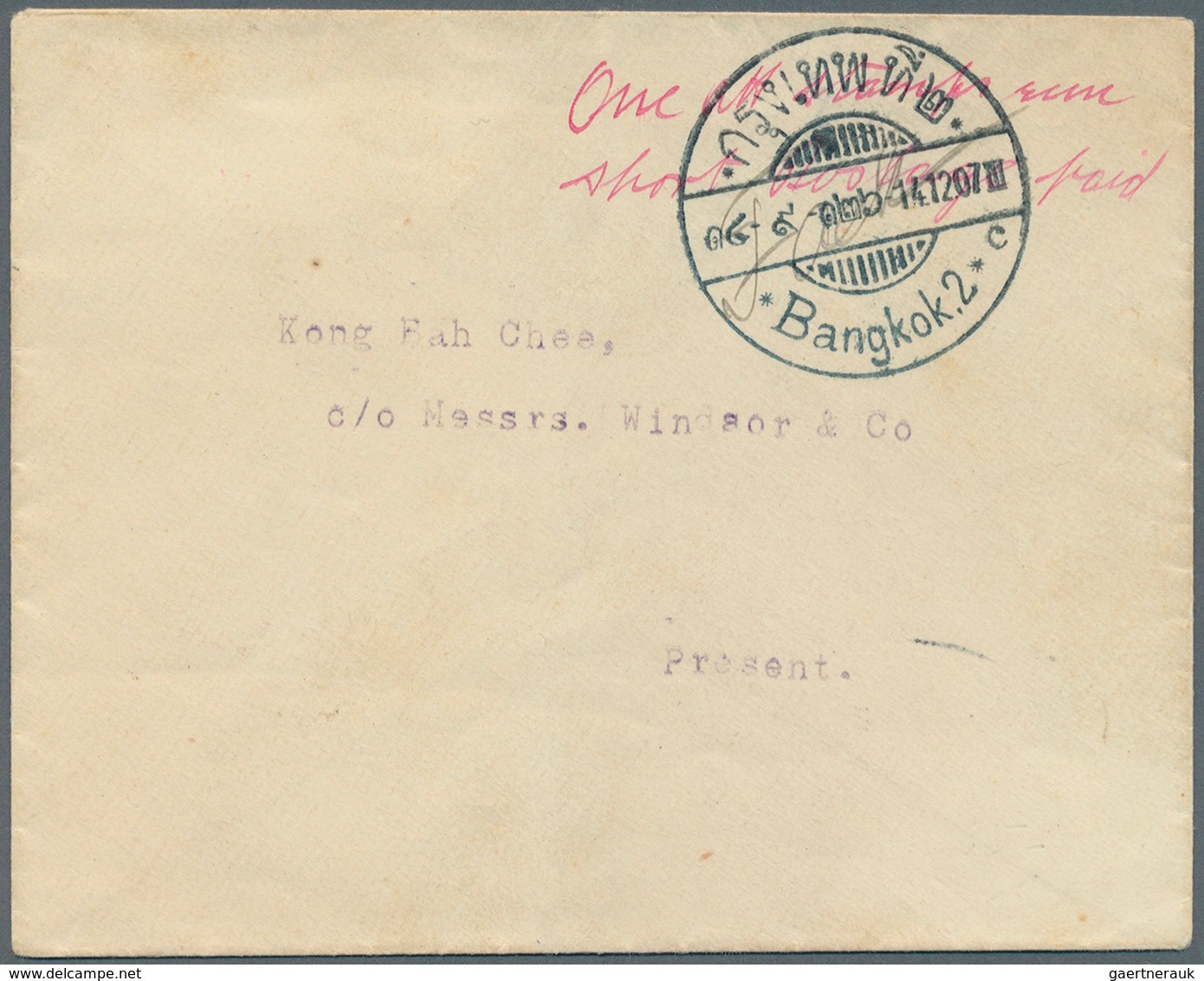 09996 Thailand - Stempel: 1907, Provisional Prepayment Of Postage In Cash On Local Cover With Handwritten - Thaïlande