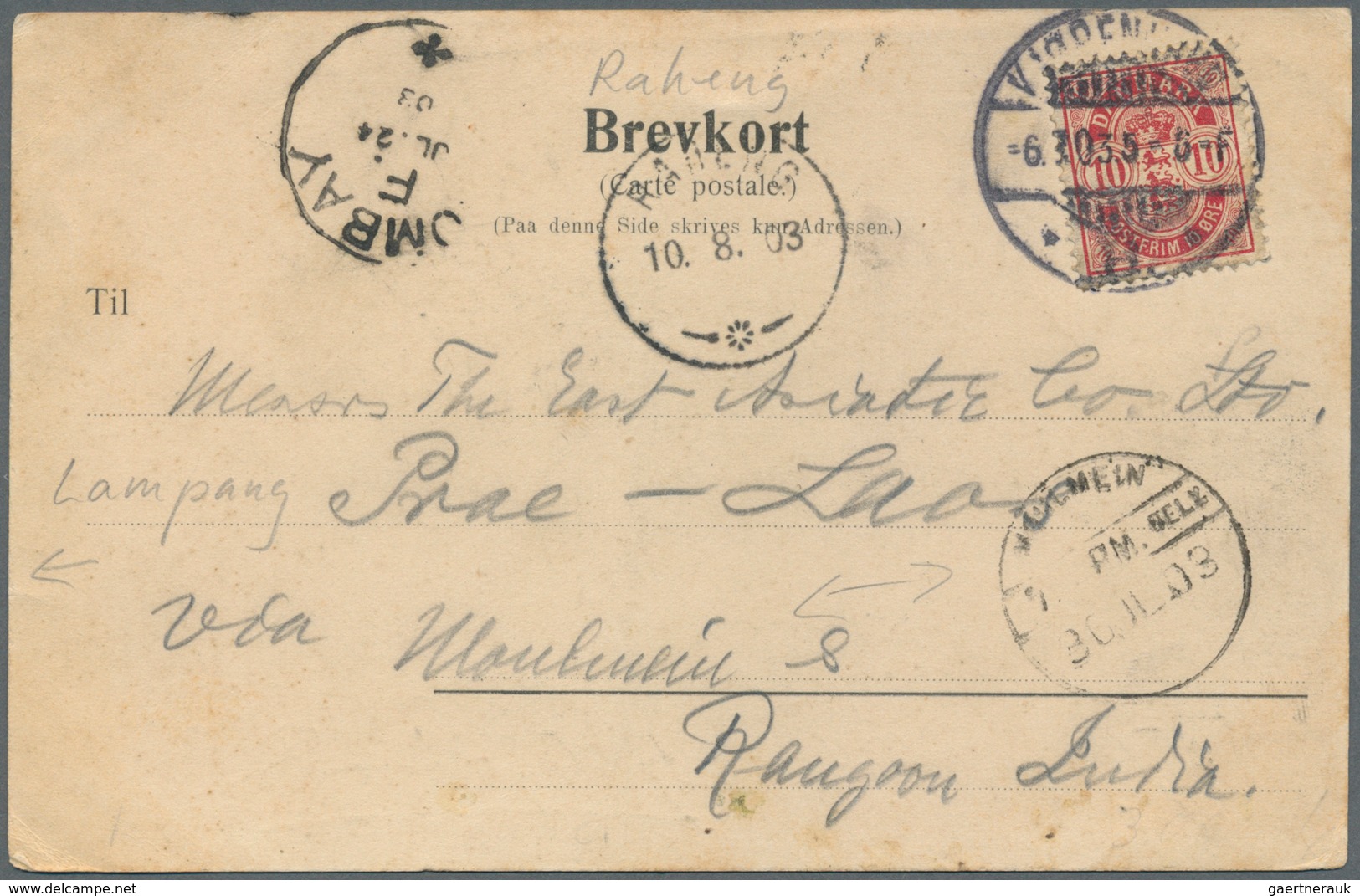 09999 Thailand - Stempel: 1903, Lampang: "LAMPANG 17.8.03" On Incoming Ppc From Denmark To "Prae-lao" Endo - Thailand