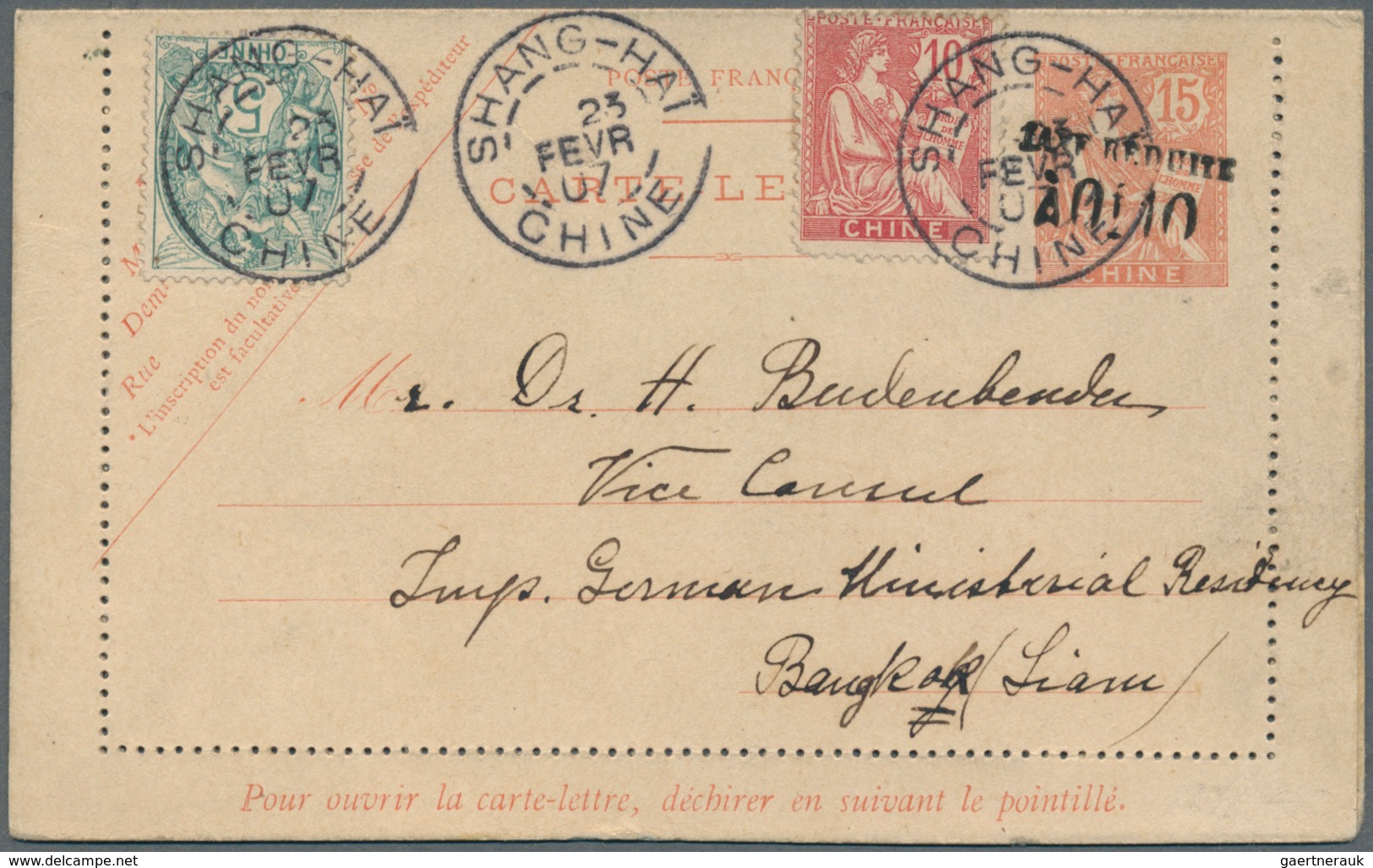 10015 Thailand - Besonderheiten: Incoming Mail, French Offices In China, Letter Card 10 C./15 C. Uprated 5 - Thaïlande