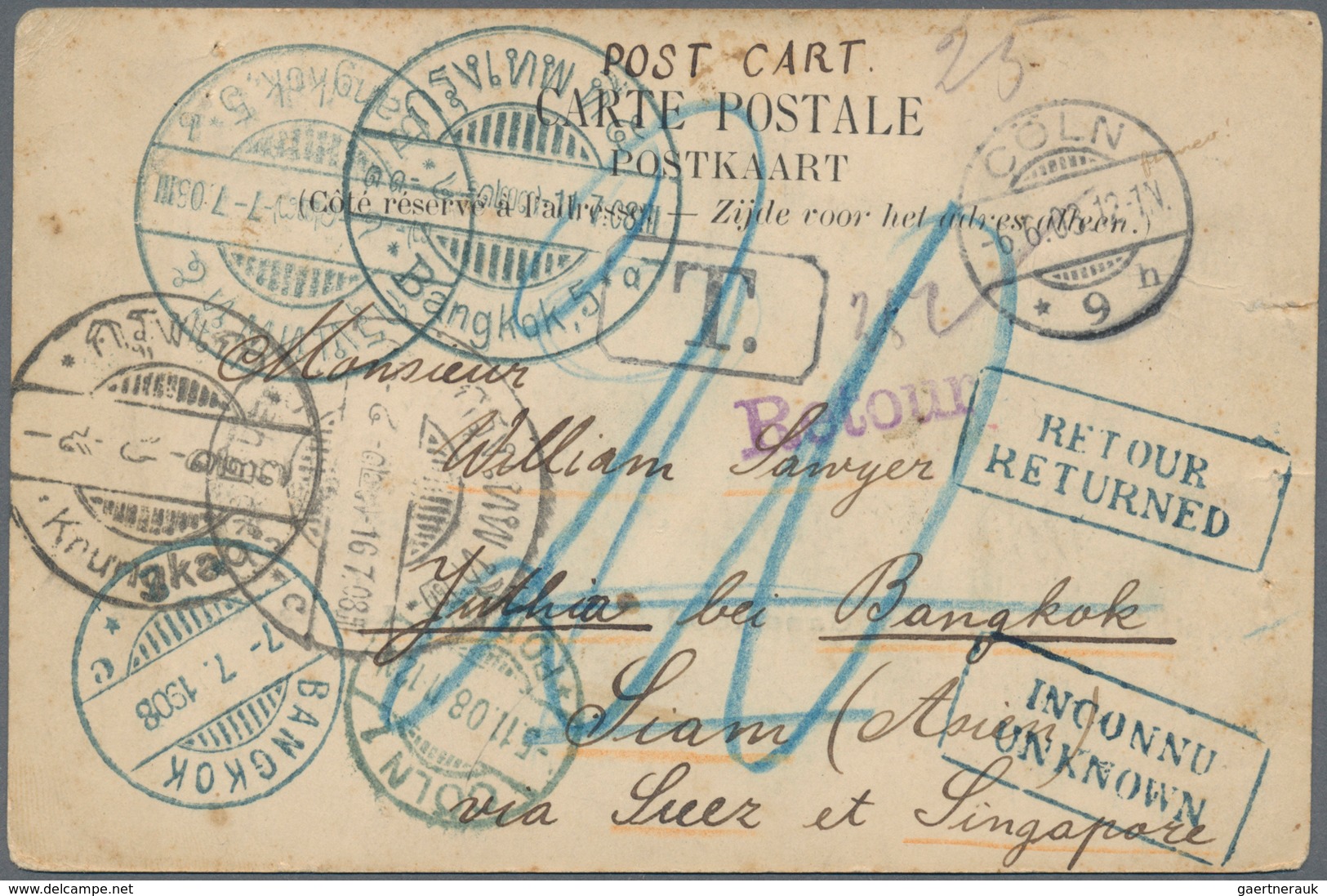 10016 Thailand - Besonderheiten: 1908, Postcard Mailed Unfranked From Cologne/Germany To Bangkok, Struck W - Thaïlande