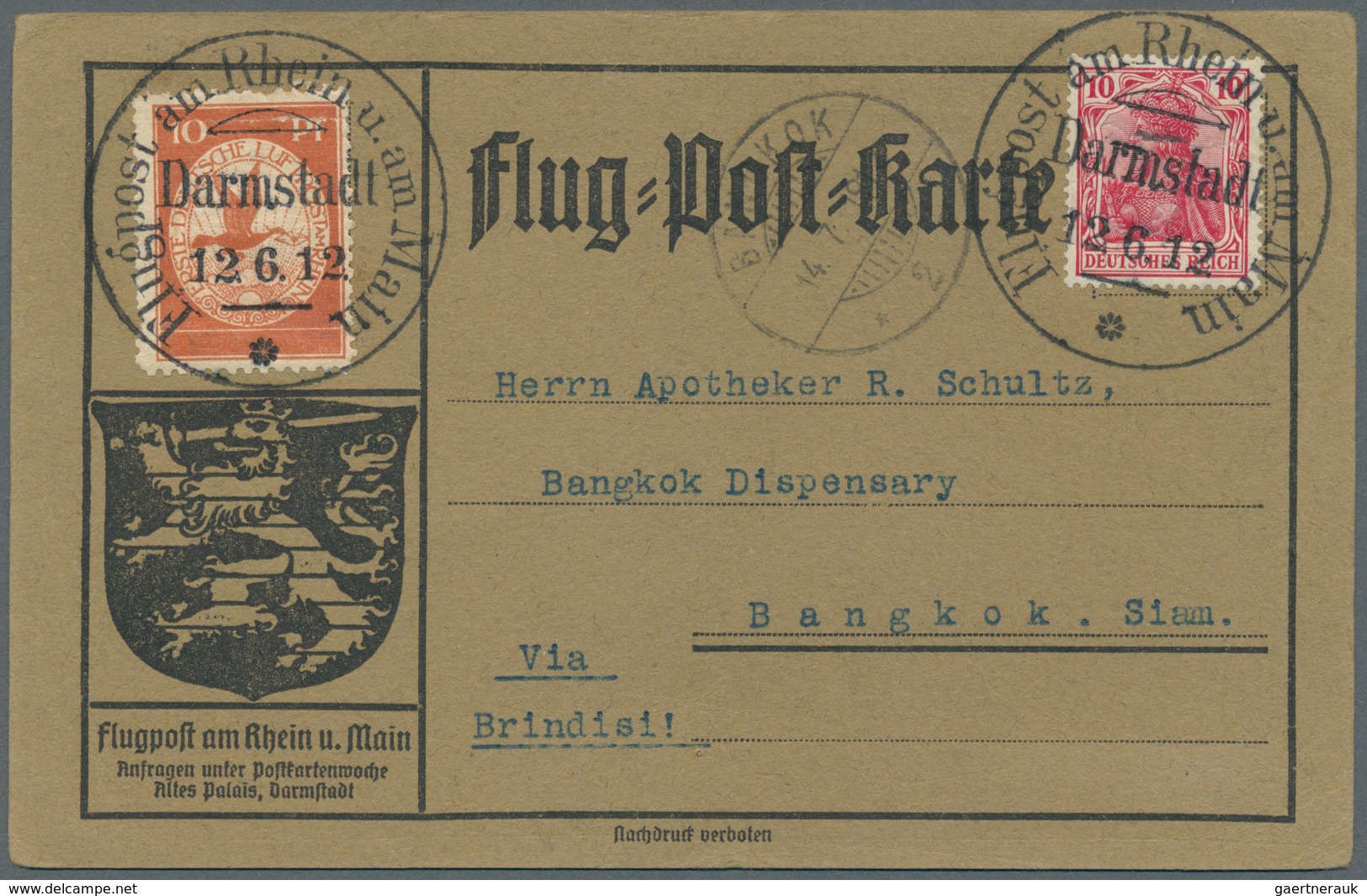 10018 Thailand - Besonderheiten: Incoming Mail: 1912, German Airmail 10 Pfg. Rhein/Main And Postage Stamp - Thaïlande