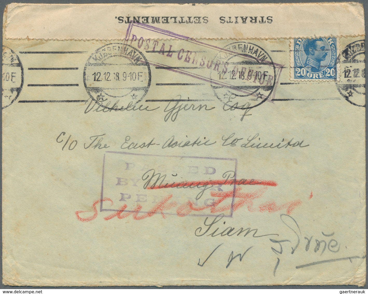 10020 Thailand - Besonderheiten: 1918, Incoming Mail, Denmark: 20 Oe. Tied "KJOBENHAVN 12.12.18" To Cover - Thailand