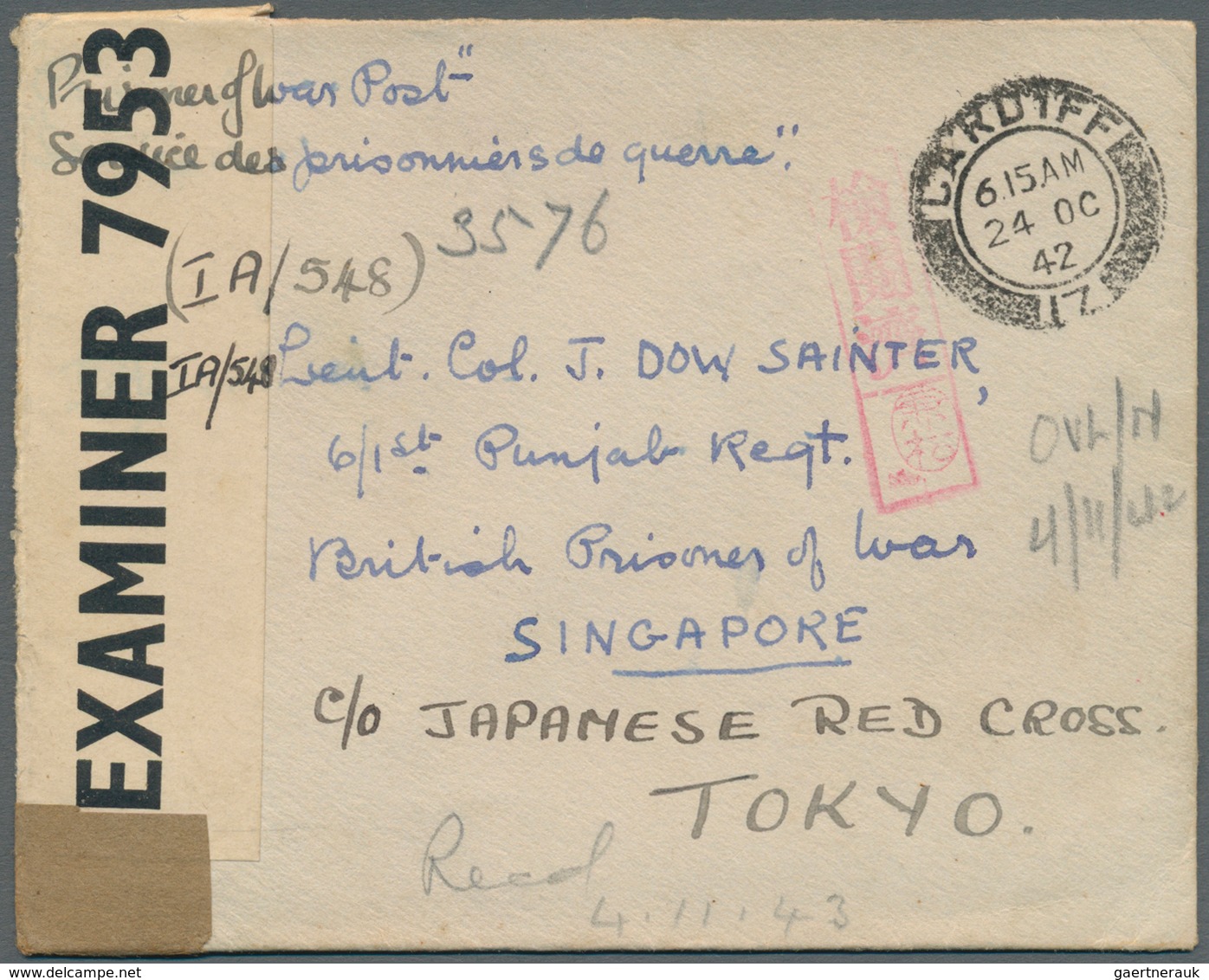 10023 Thailand - Besonderheiten: 1942. Prisoner Of War Mail Envelope Written From Cardiff With 'Opened By - Thaïlande