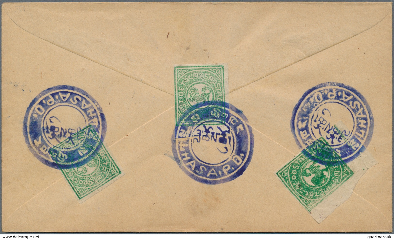 10029 Tibet: 1912, 1/6 T. Bluish Green (3, Inc. Bottom Left Corner Copy) Tied Blue Intaglio ''LHASA P.O.`` T - Sonstige - Asien