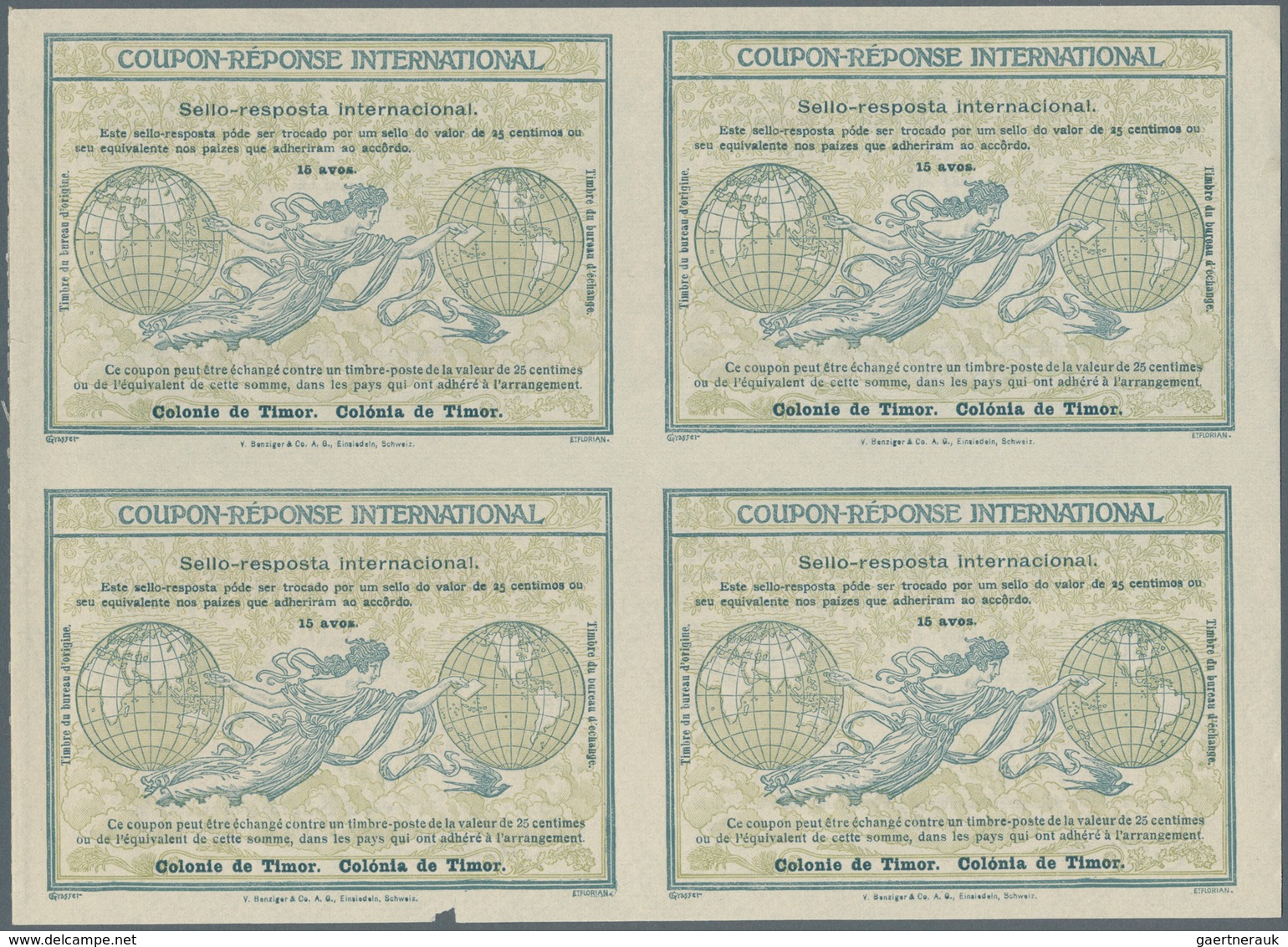 10037 Timor: Design "Rome" 1906 International Reply Coupon As Block Of Four 15 Avos Timor. This Block (sma - Timor Oriental