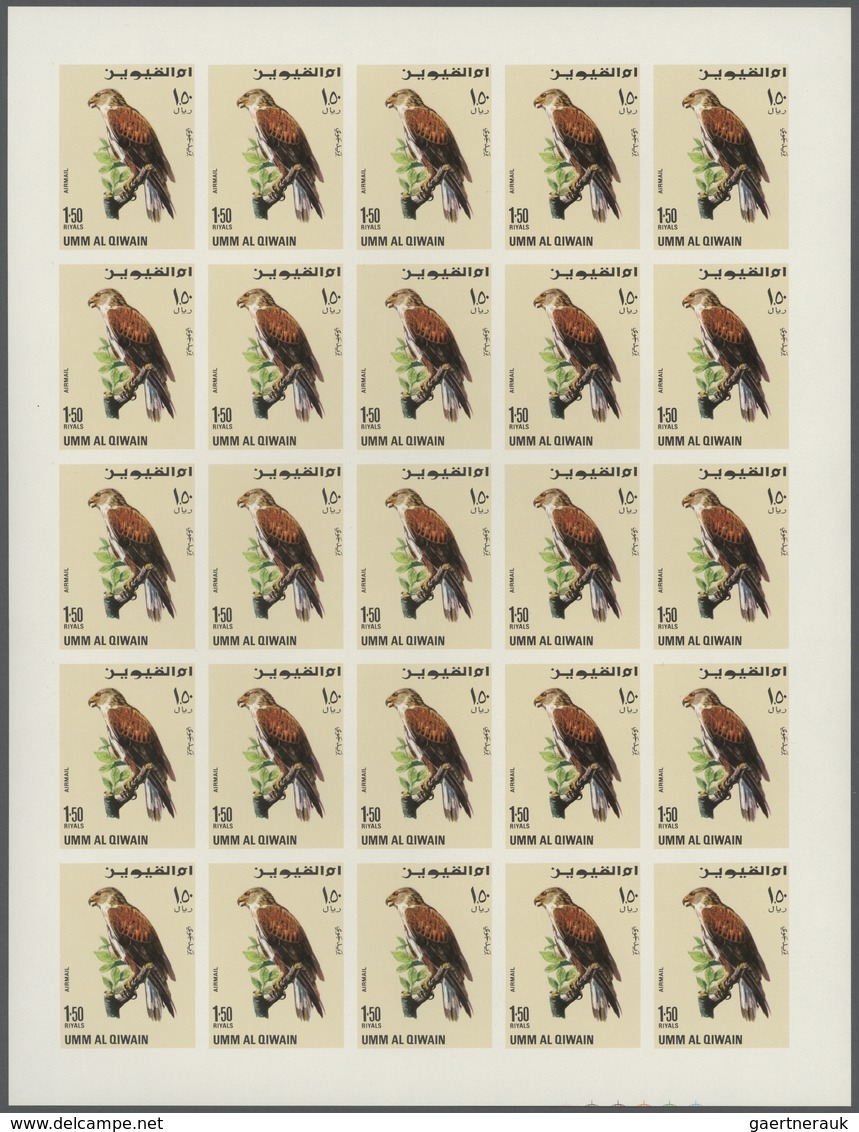 10041 Umm al Qaiwain: 1968, Birds of Prey, 15dh. to 5r., complete set of eight values IMPERFORATE, sheets