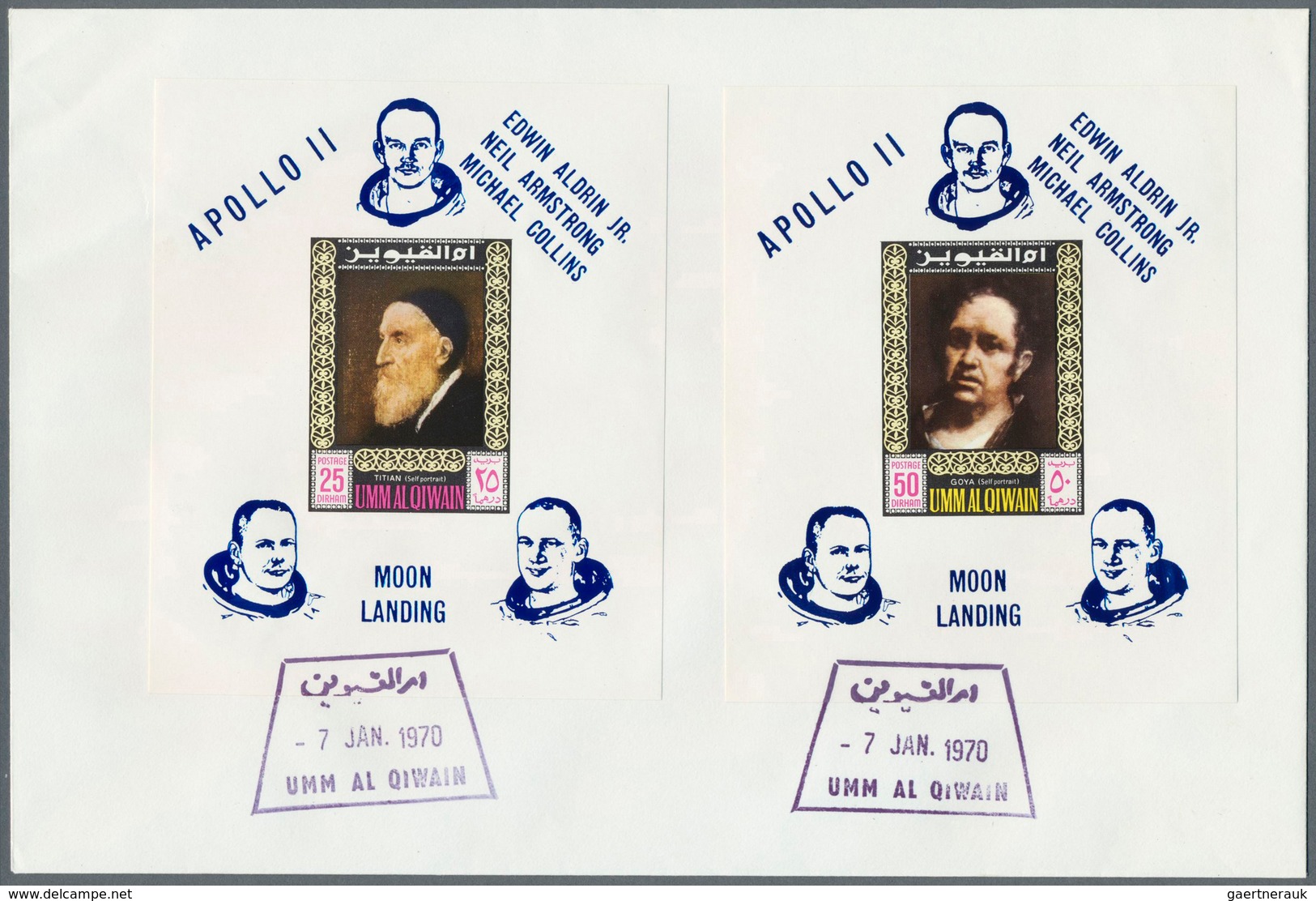 10043 Umm Al Qaiwain: 1969/1970, BLUE "APOLLO 11" Overprints On De Luxe Sheets Of 1968 "Paintings" Issue, - Umm Al-Qiwain