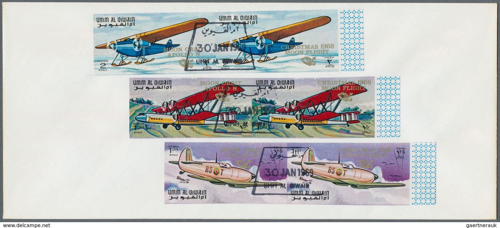 10044 Umm Al Qaiwain: 1969, "MOON ORBIT/APOLLO 8" - "CHRISTMAS 1968/MOON FLIGHT" Overprints On 1968 "Histo - Umm Al-Qaiwain