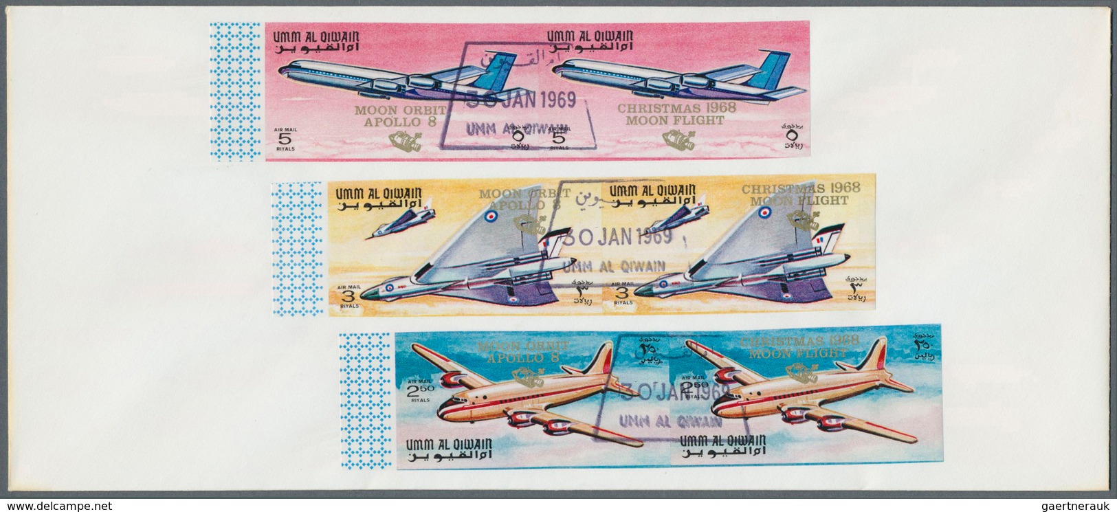 10044 Umm Al Qaiwain: 1969, "MOON ORBIT/APOLLO 8" - "CHRISTMAS 1968/MOON FLIGHT" Overprints On 1968 "Histo - Umm Al-Qaiwain