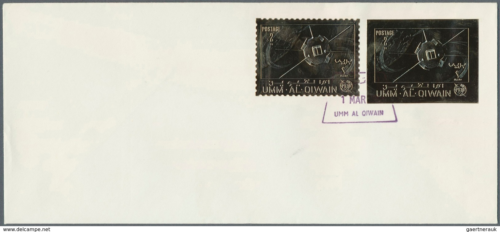 10046 Umm Al Qaiwain: 1969, GOLD ISSUE 2r. "ITU", Perf. /imperf. Stamp And Souvenir Sheet On Two Unaddress - Umm Al-Qaiwain