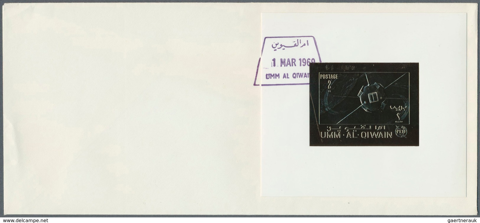 10046 Umm Al Qaiwain: 1969, GOLD ISSUE 2r. "ITU", Perf. /imperf. Stamp And Souvenir Sheet On Two Unaddress - Umm Al-Qiwain