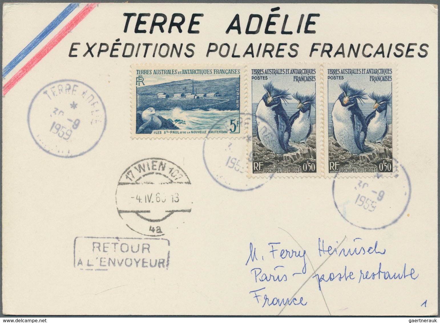 10127 Thematik: Antarktis / Antarctic: 1959, T.A.A.F. Poszcard With Named Franking From "Terre Adélie 30.9 - Autres & Non Classés
