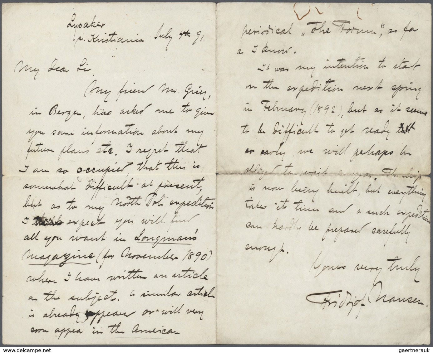 10145 Thematik: Arktis / Arctic: 1891, FRIDTJOF NANSEN, Handwritten Letter From "Lysaker July 4th", In Whi - Autres & Non Classés