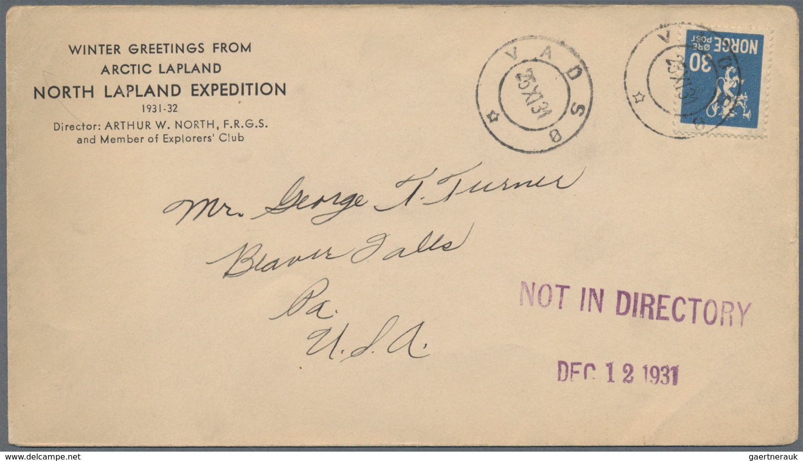 10154 Thematik: Arktis / Arctic: 1931: Norway 30 Ore Tied By VADSO 25.11.1931 Cds On Envelope "WINTER GREE - Autres & Non Classés