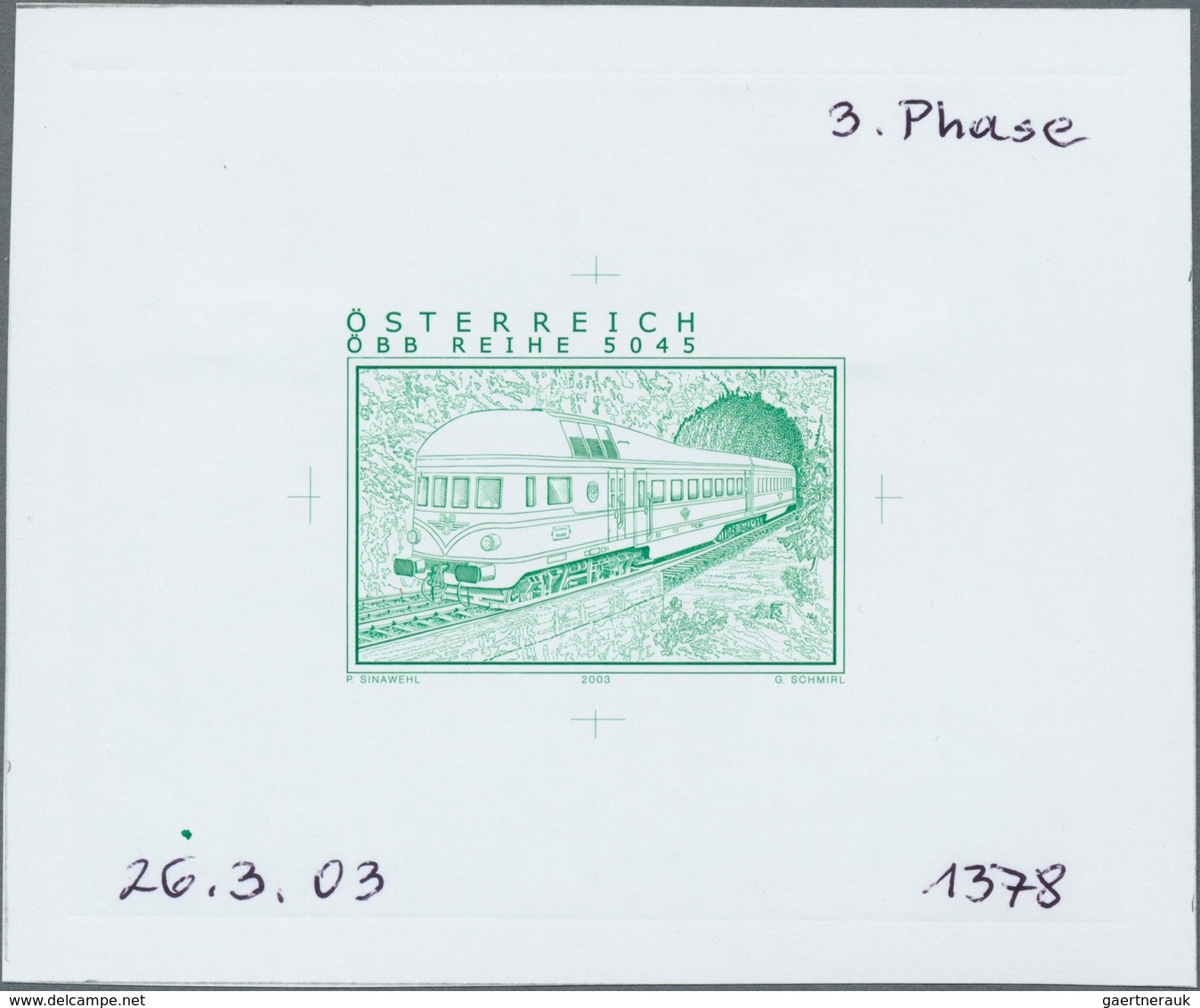 10202 Thematik: Eisenbahn / Railway: 2003, Austria. Proof In Green (marked As 3th Phase) For The "Railways - Trains