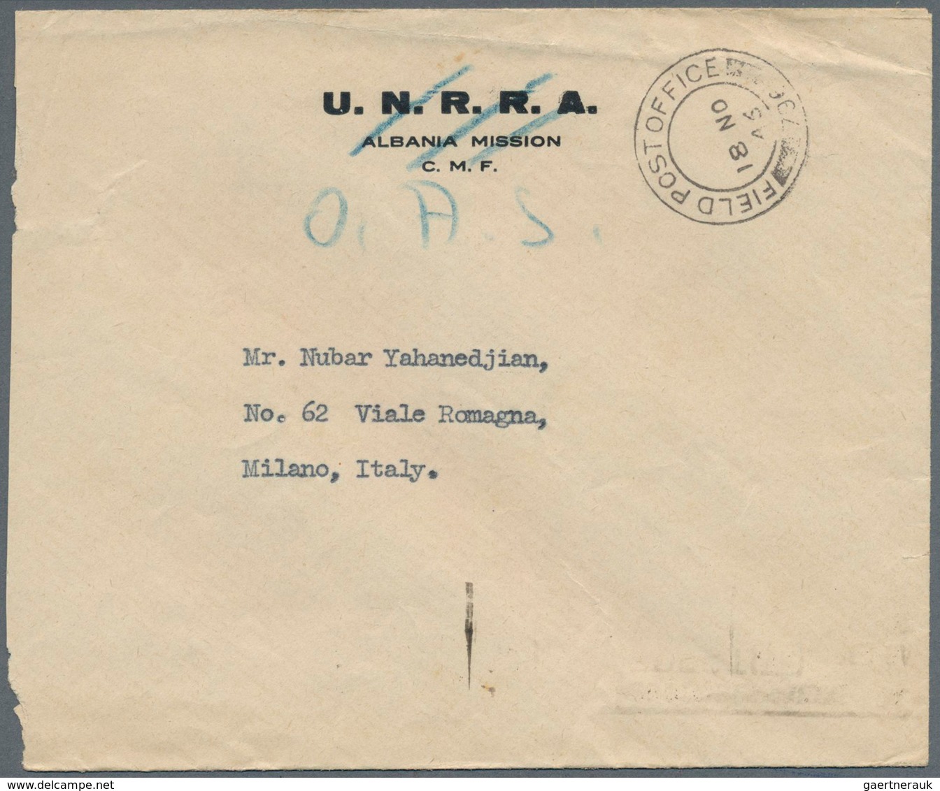 10218 Thematik: Europa-UNO / Europe-UNO: 1946, Stampless Preprinted Cover "U.N.R.R.A / ALBANIA MISSION / C - Europäischer Gedanke