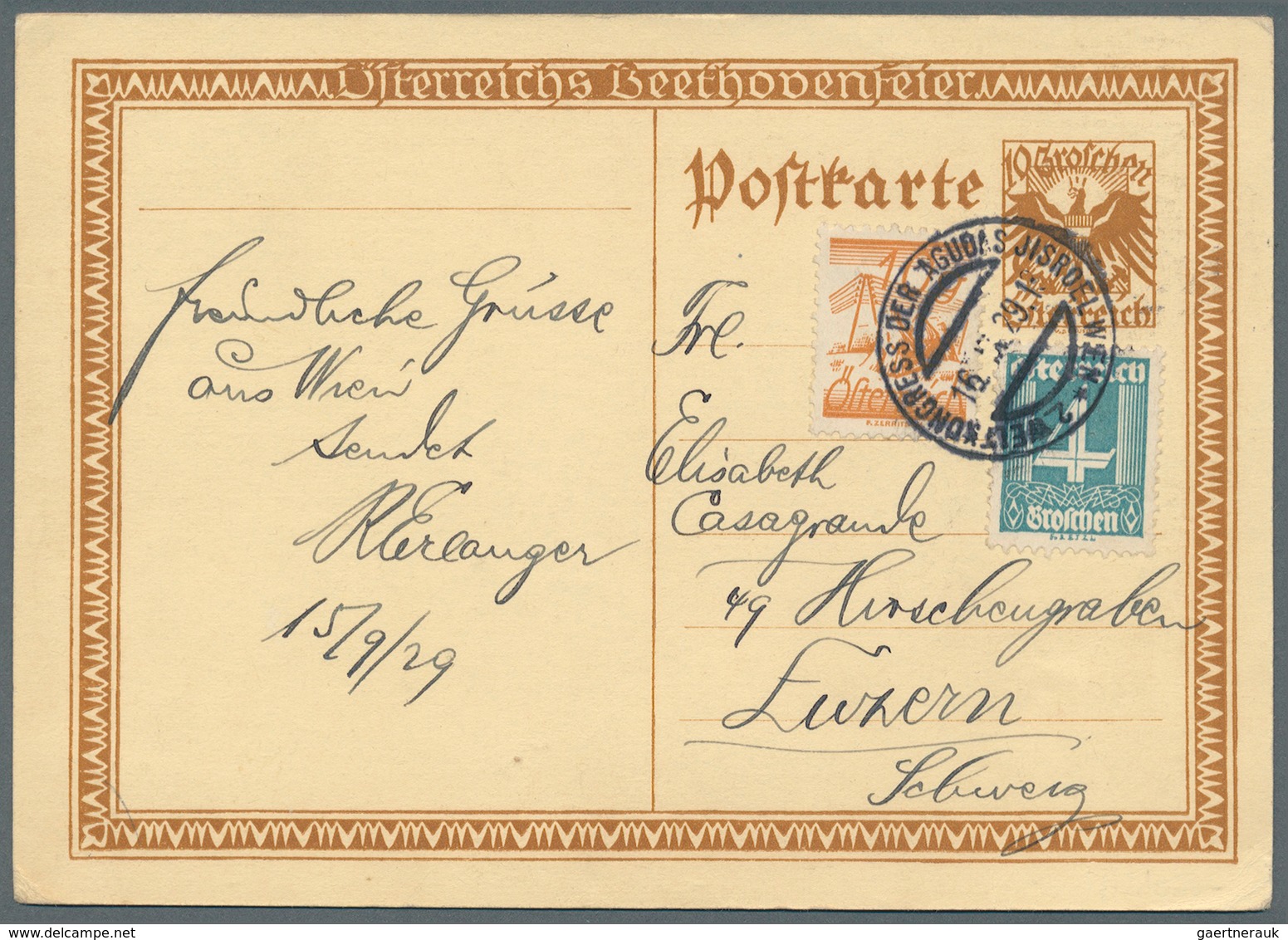 10307 Thematik: Judaika / Judaism: 1929 (16.9.), Österreich, Sonderpostkarte (Beethoven) 10 Gr. Braun Mit - Ohne Zuordnung