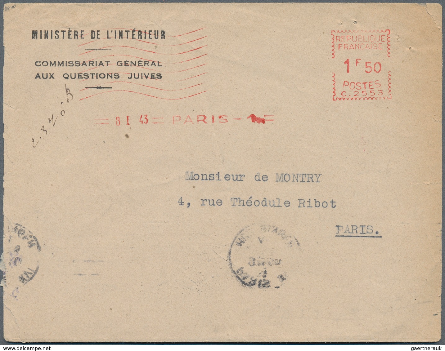 10312 Thematik: Judaika / Judaism: 1943, France: Official Preprinted Cover "MINISTÈRE DE L'INTÉRIEUR / COM - Non Classés