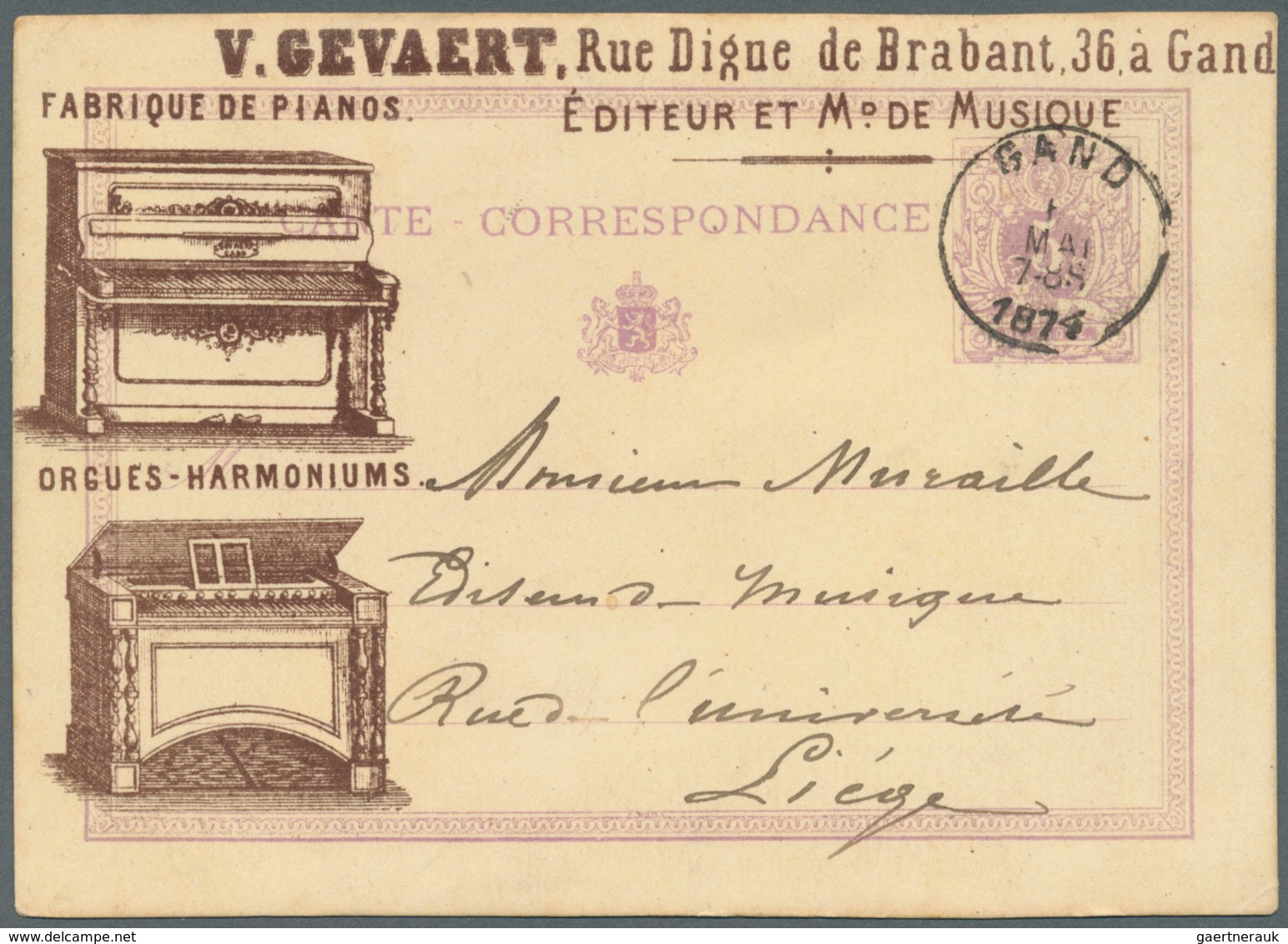 10385 Thematik: Musik-Musikinstrumente / Music Instruments: 1874, Belgium. Belgian Entire Postcard 5c Digi - Musique