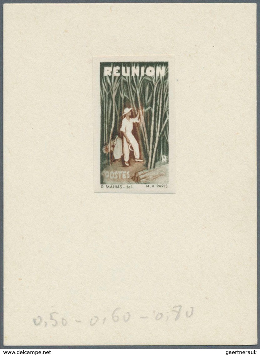 10393 Thematik: Nahrung-Zucker / Food-sugar: 1957, Reunion. Cutting Sugar Cane. Set Of 3 Proofs On Gummed - Alimentation