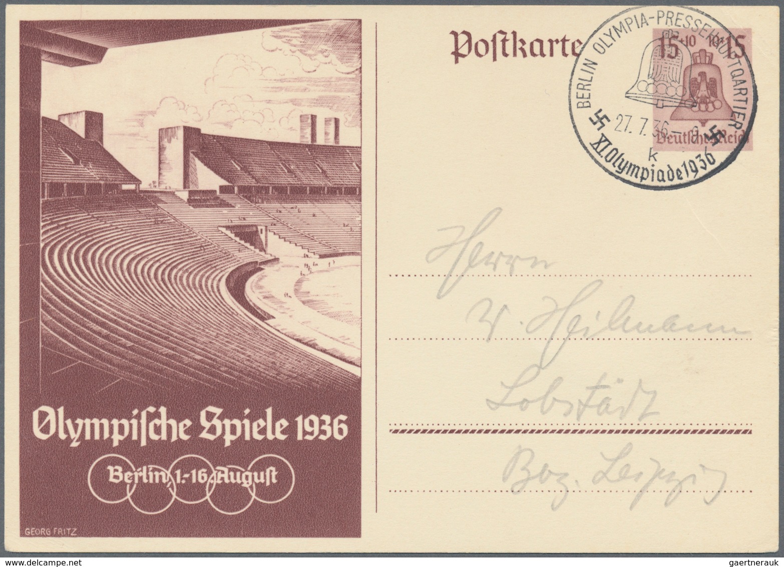 10457 Thematik: Olympische Spiele / Olympic Games: 1936, "BERLIN  OLYMPIA  PRESSEHAUPTQARTIER  K, 27.7.36" - Autres & Non Classés