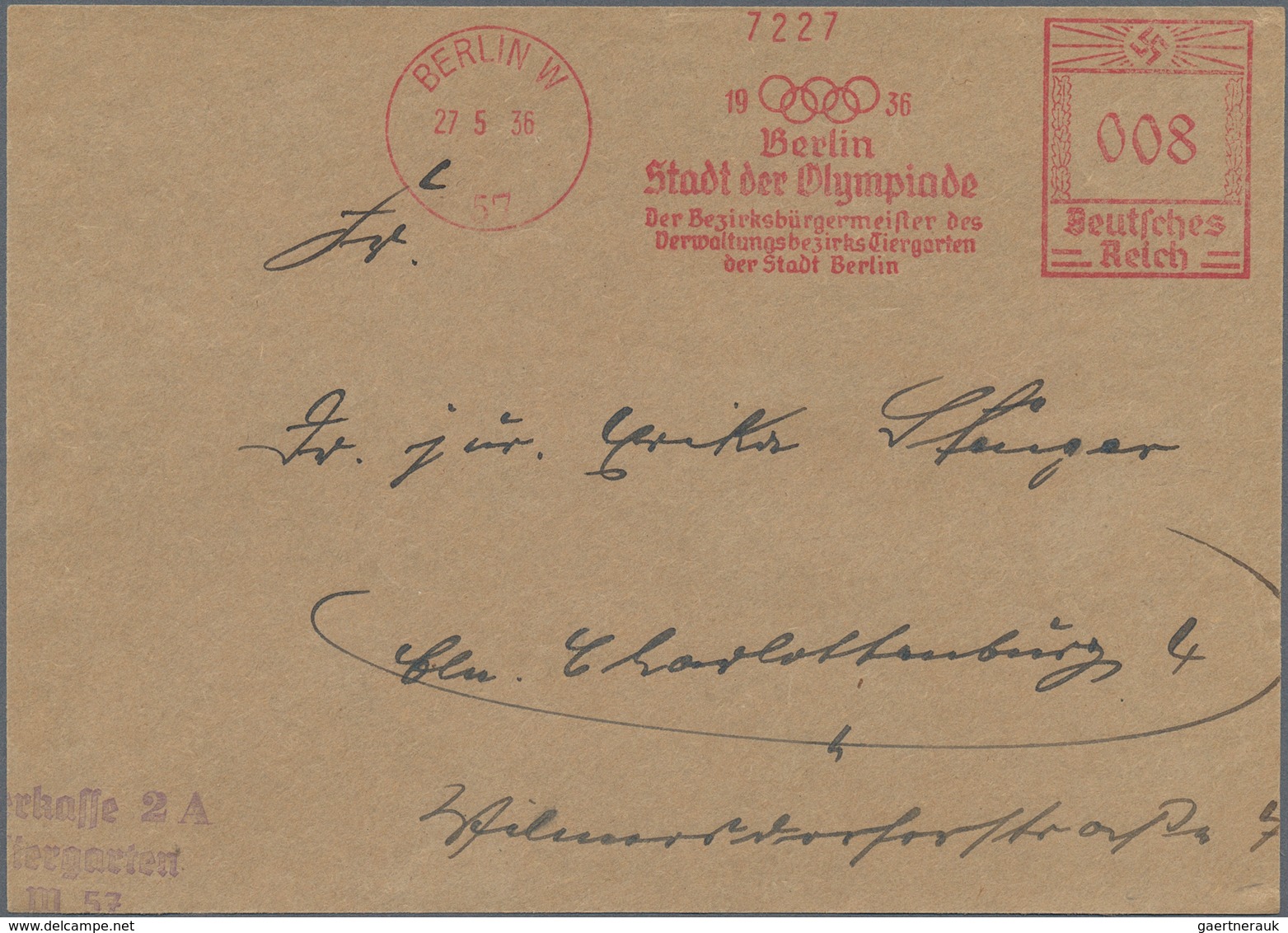 10472 Thematik: Olympische Spiele / Olympic Games: 1936: Deutsches Reich Absenderfreistempel BERLIN W 8 Pf - Sonstige & Ohne Zuordnung