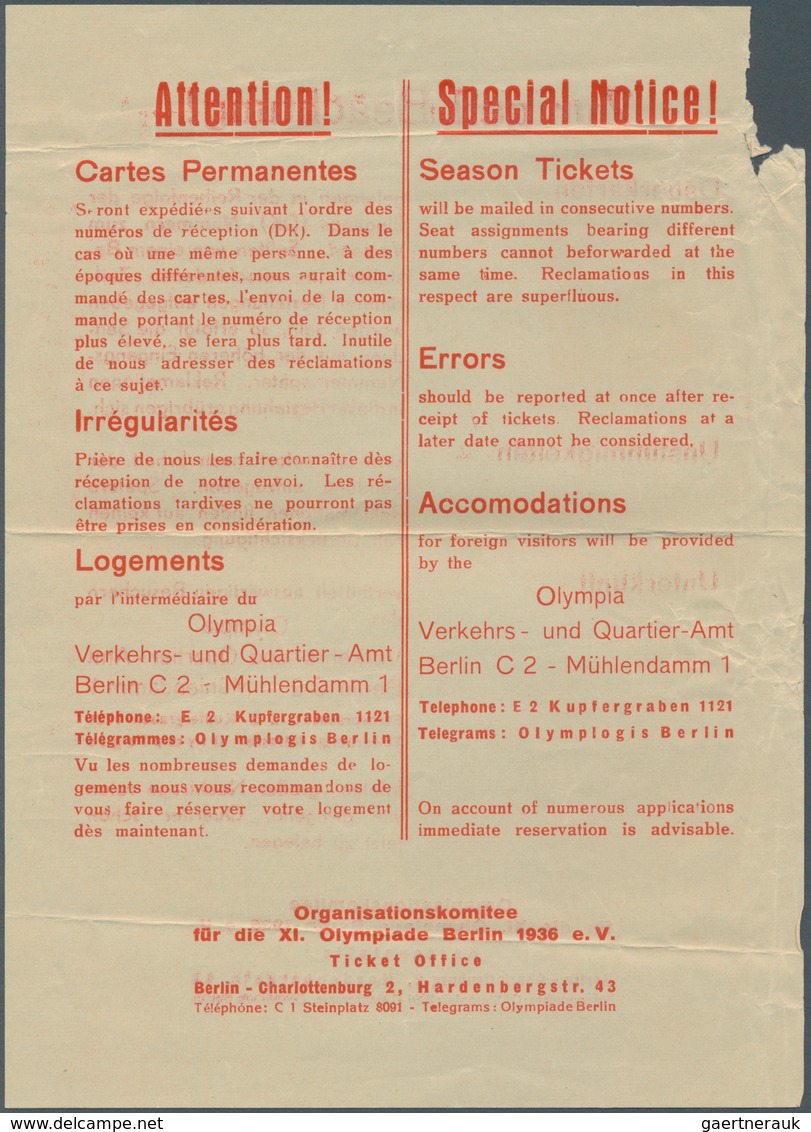 10500 Thematik: Olympische Spiele / Olympic Games: 1936 Deutsches Reich, Einschreibe-Vordruckumschlag Mit - Sonstige & Ohne Zuordnung