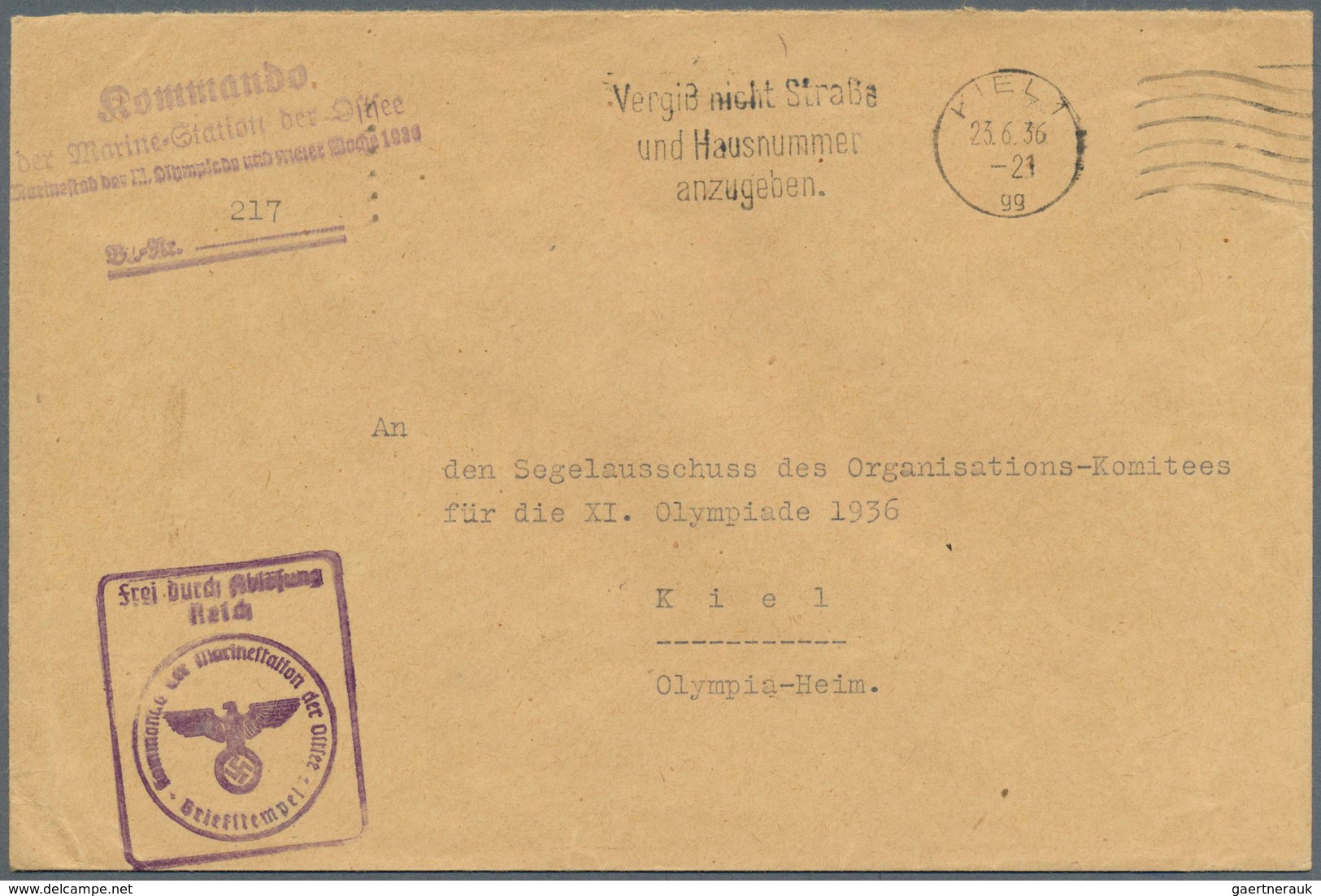 10504 Thematik: Olympische Spiele / Olympic Games: 1936, Kiel, Absenderstempel "Kommando Der Marine-Statio - Autres & Non Classés