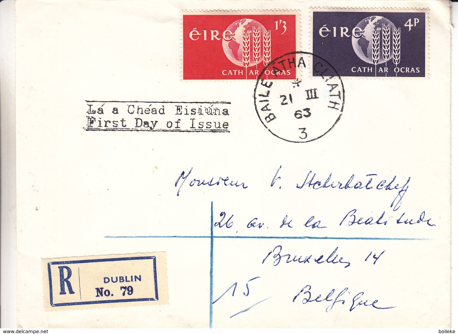 Irlande - Lettre Recom De 1963 - Oblit Baile Atha Cliath - Exp Vers Bruxelles - Blé - Storia Postale