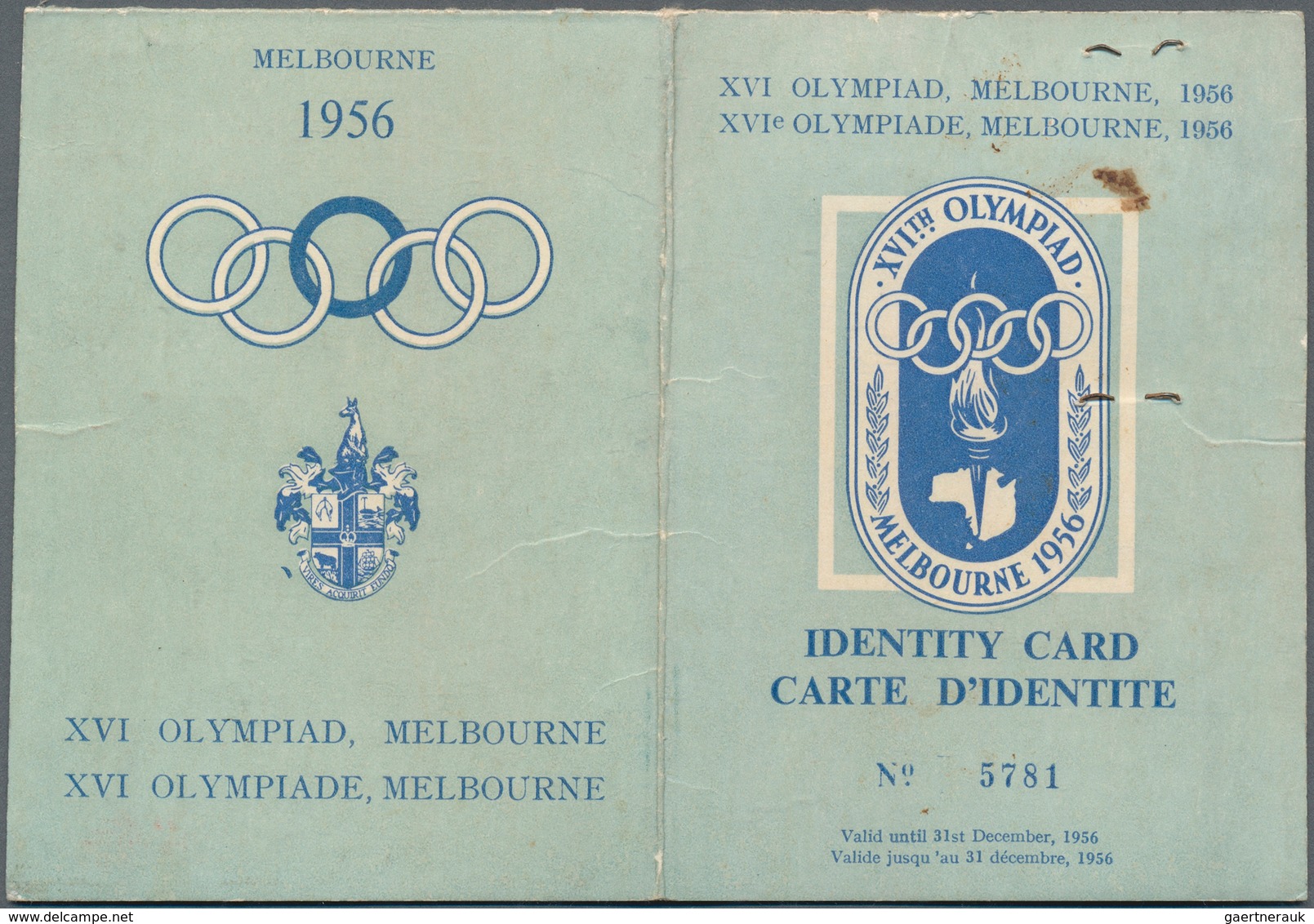 10524 Thematik: Olympische Spiele / Olympic Games: 1956, Sweden For Melbourne '56. IDENTITY CARD For Karl - Sonstige & Ohne Zuordnung