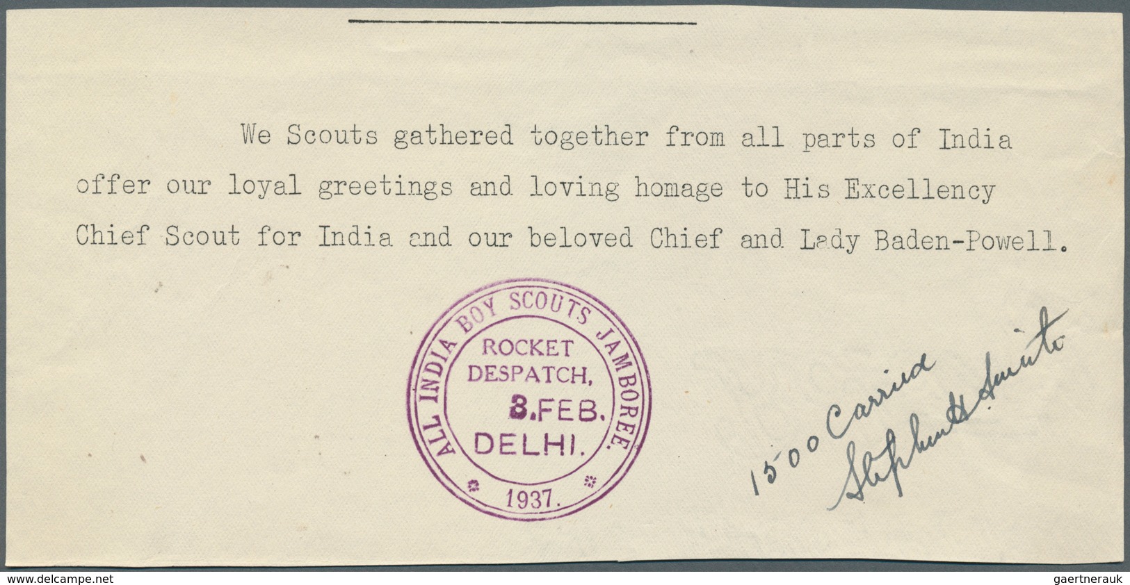 10665 Thematik: Pfadfinder / boy scouts: 1937, India Lot with four items "Despatched by Rocket - All India