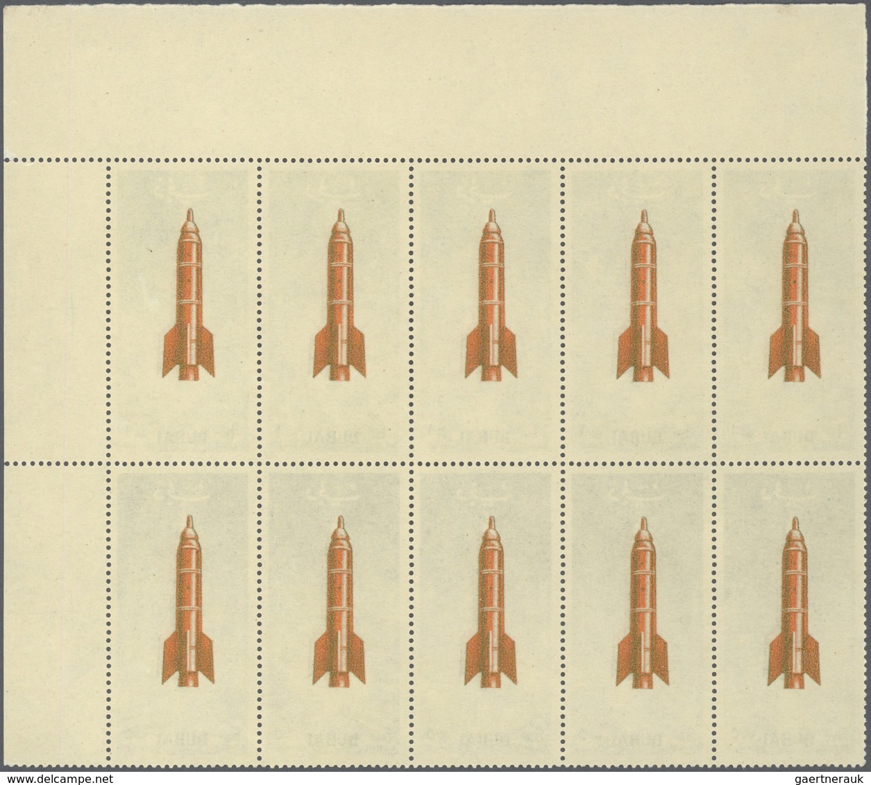 10734 Thematik: Raumfahrt / Astronautics: 1964, Dubai, 1np. And 5np. "Rocket Flight" Perf., Marginal Block - Autres & Non Classés