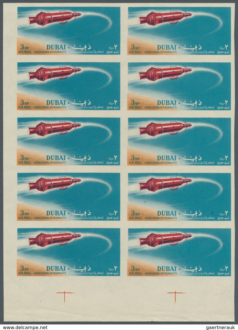 10735 Thematik: Raumfahrt / Astronautics: 1964, Dubai, 3np. "Rocket Flight" Imperf., Marginal Block Of Ten - Altri & Non Classificati